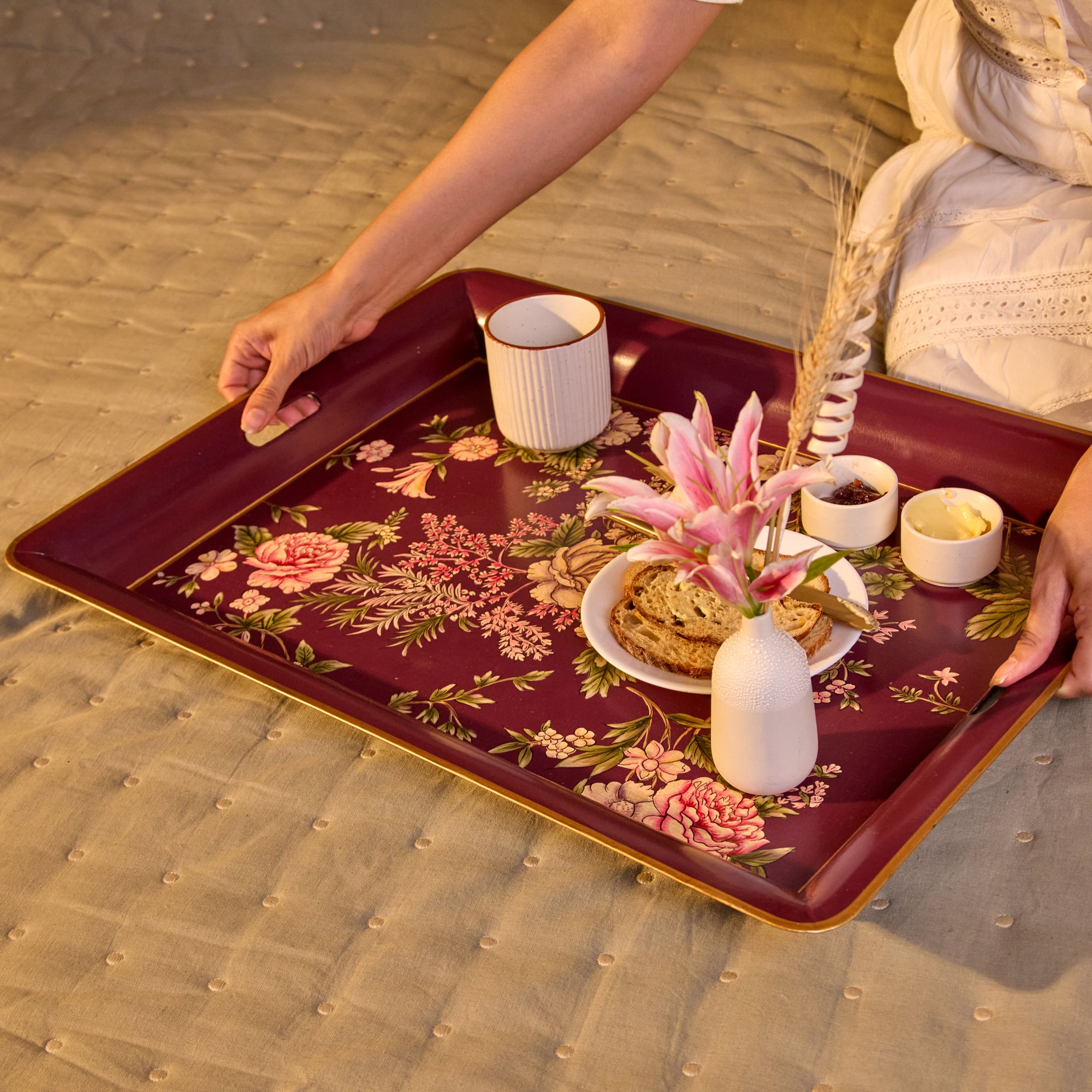 Rosa Maroon Hand-Painted Rectangular Metal Tray with an Attached Stand