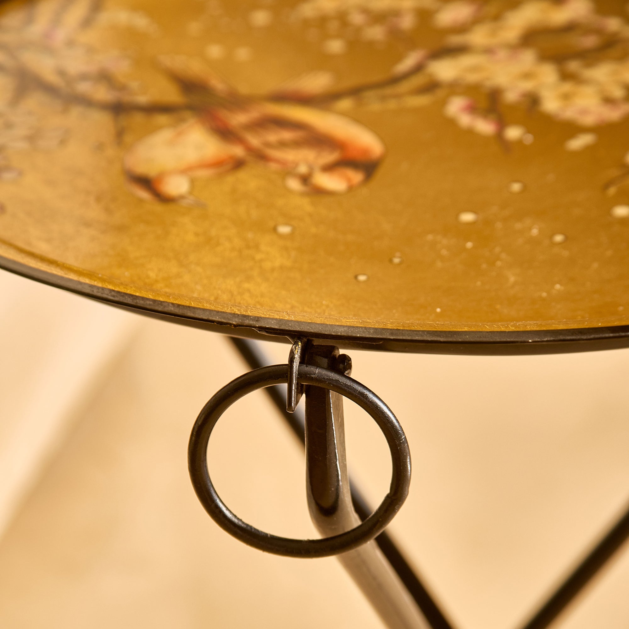 Sakura Black &amp; Gold Hand-Painted Round Metal Tray with an Attached Stand
