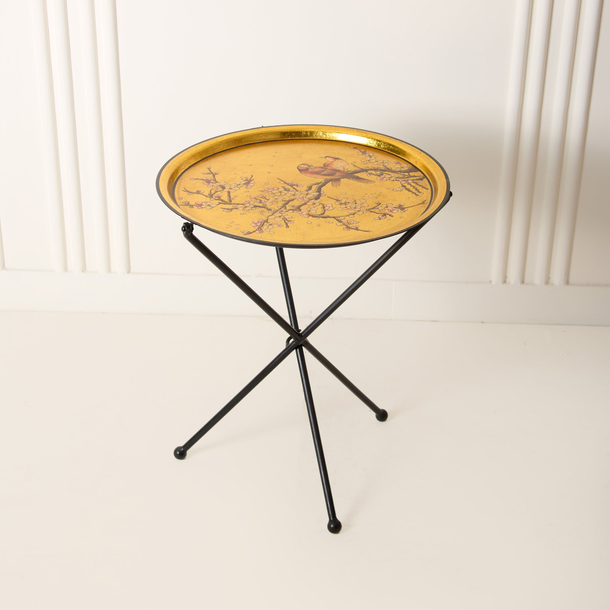 Sakura Black &amp; Gold Hand-Painted Round Metal Tray with an Attached Stand