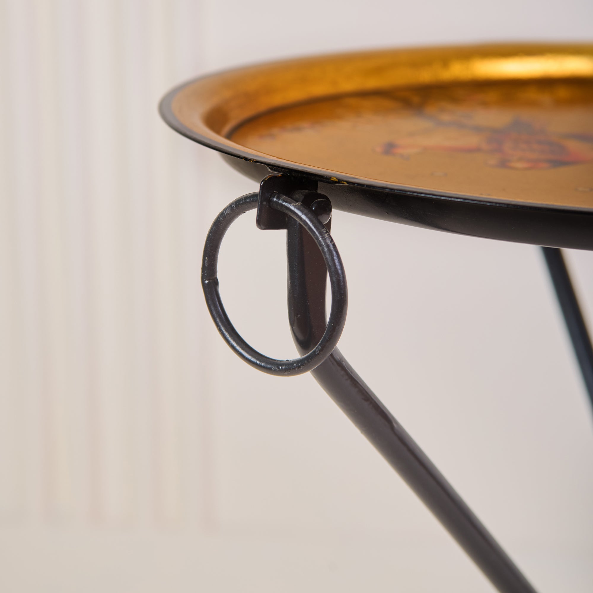 Sakura Black &amp; Gold Hand-Painted Round Metal Tray with an Attached Stand