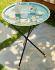 Magnolia Light Blue Hand-Painted Round Metal Tray with an Attached Stand