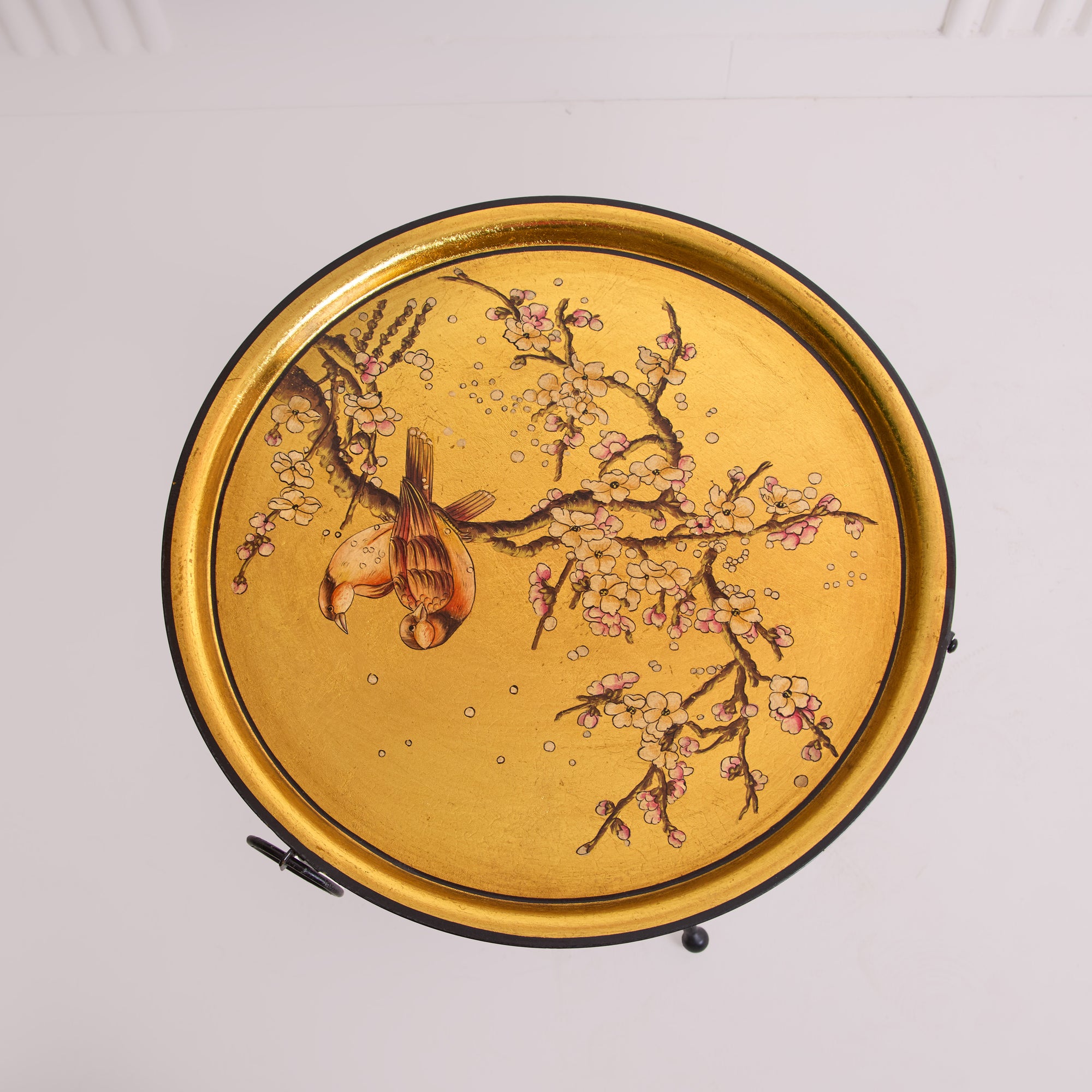 Sakura Black &amp; Gold Hand-Painted Round Metal Tray with an Attached Stand