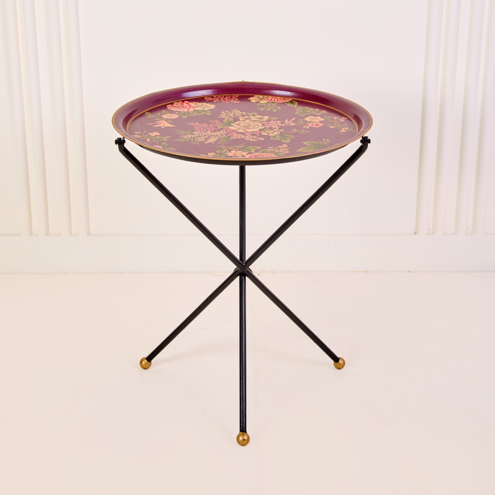 Rosa Maroon Hand-Painted Round Metal Tray with an Attached Stand
