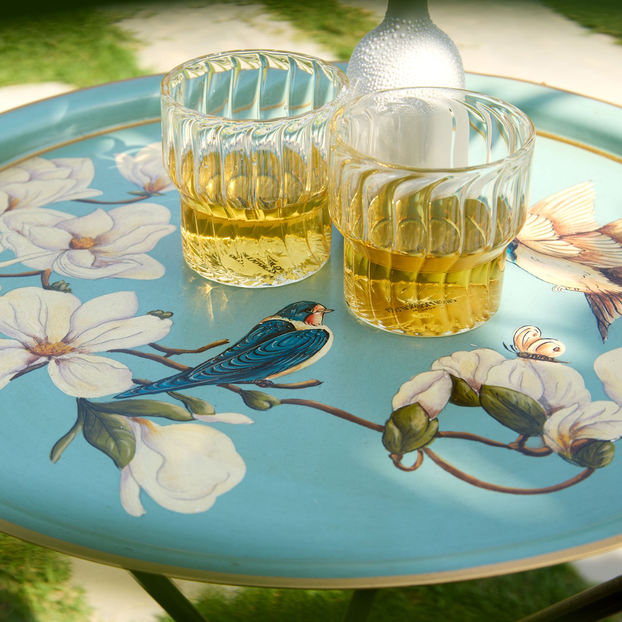Magnolia Light Blue Hand-Painted Round Metal Tray with an Attached Stand
