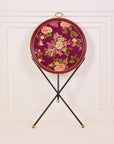Rosa Maroon Hand-Painted Round Metal Tray with an Attached Stand
