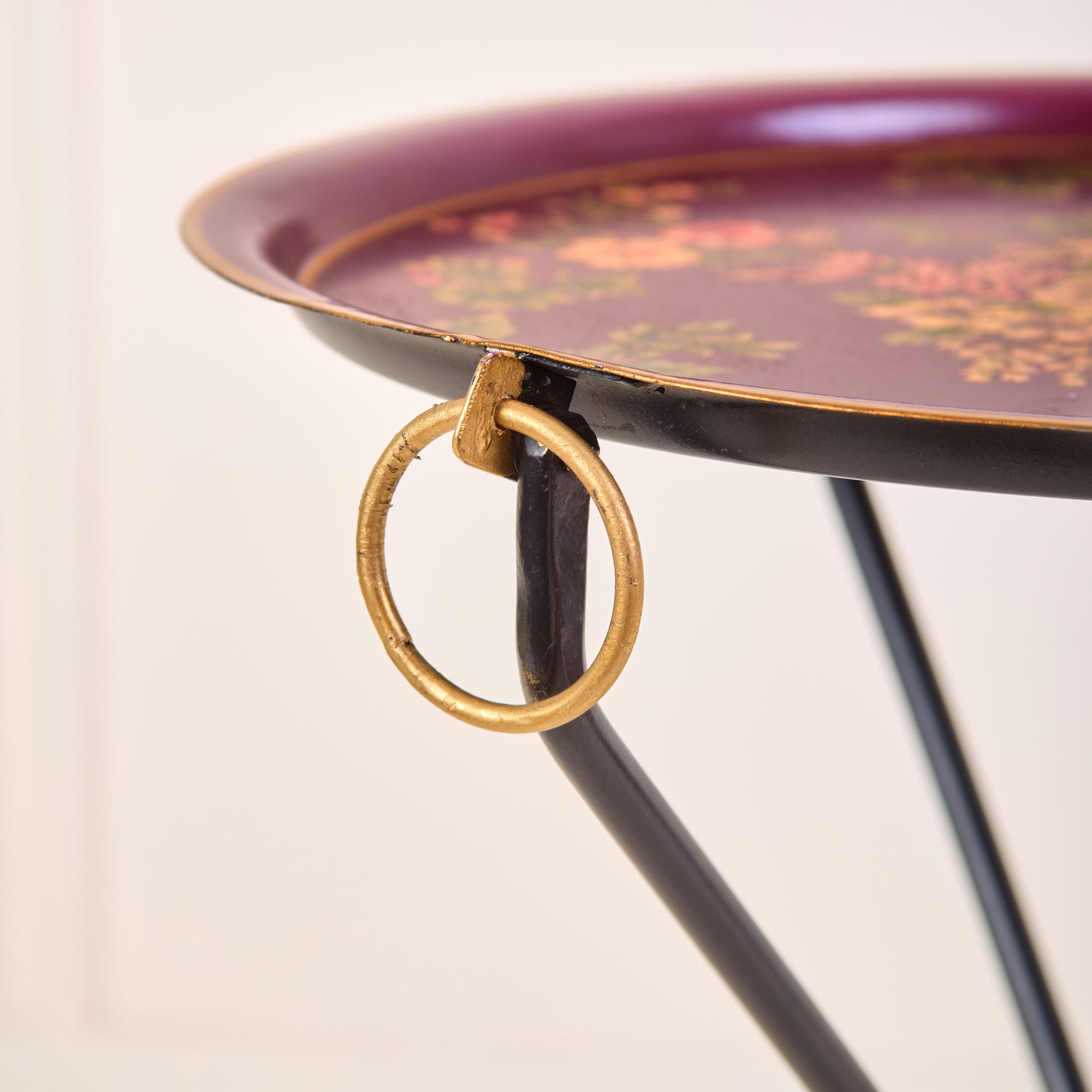 Rosa Maroon Hand-Painted Round Metal Tray with an Attached Stand