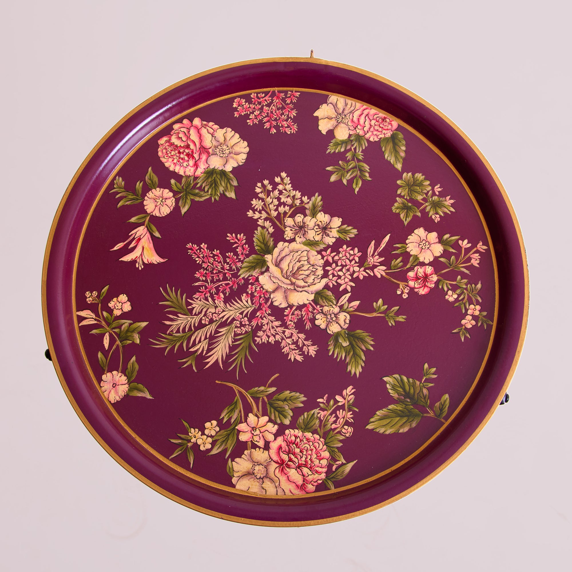 Rosa Maroon Hand-Painted Round Metal Tray with an Attached Stand
