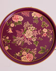 Rosa Maroon Hand-Painted Round Metal Tray with an Attached Stand