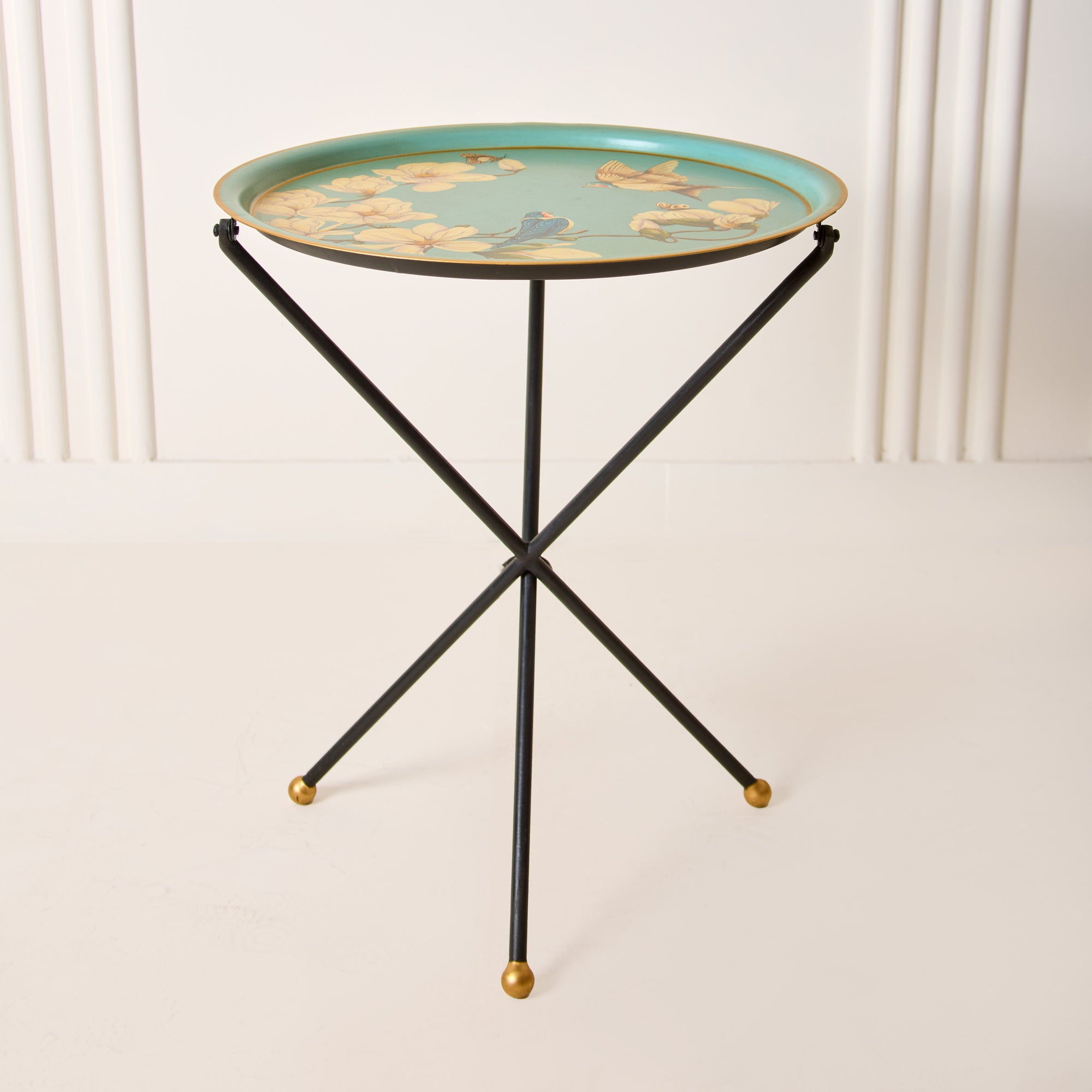 Magnolia Light Blue Hand-Painted Round Metal Tray with an Attached Stand