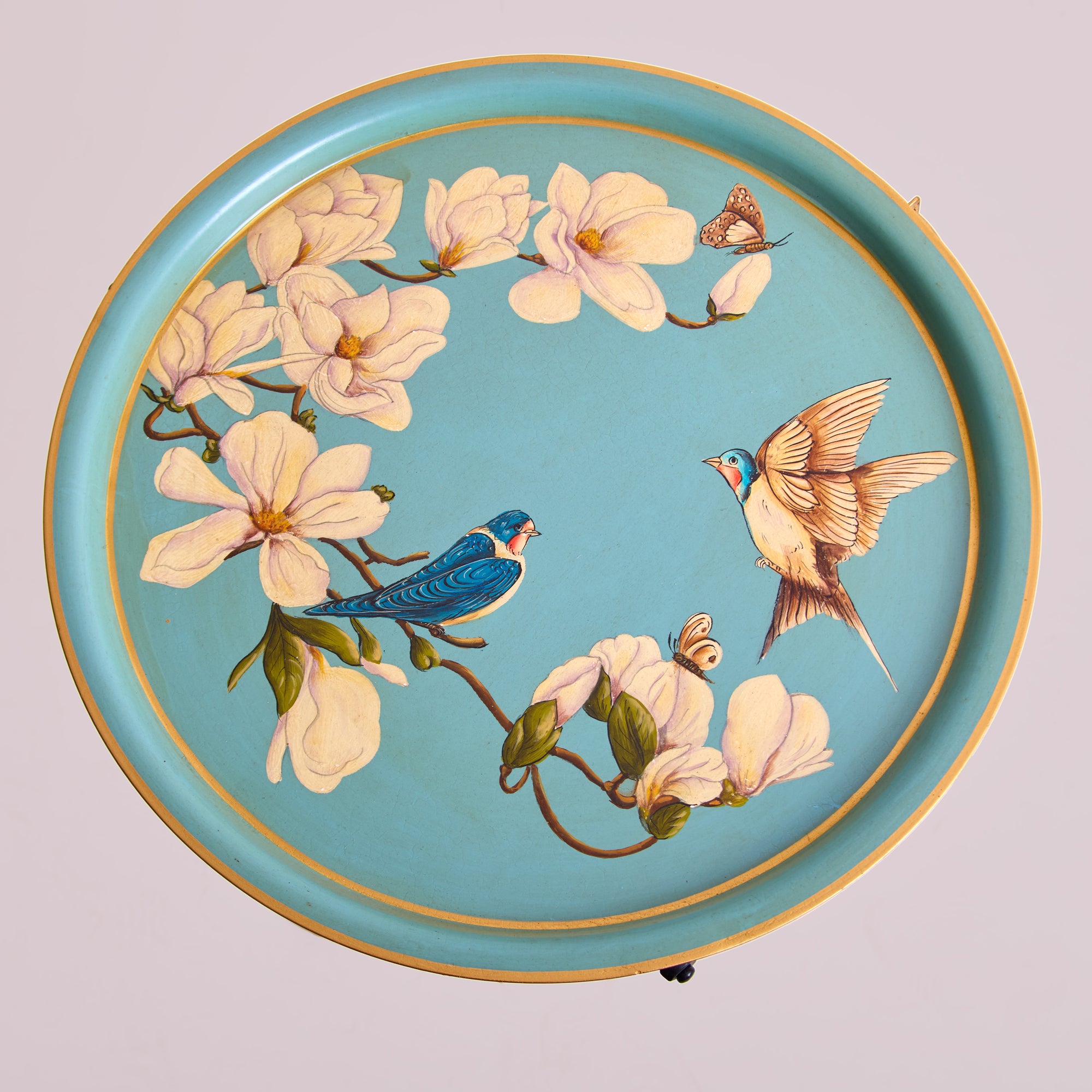 Magnolia Light Blue Hand-Painted Round Metal Tray with an Attached Stand