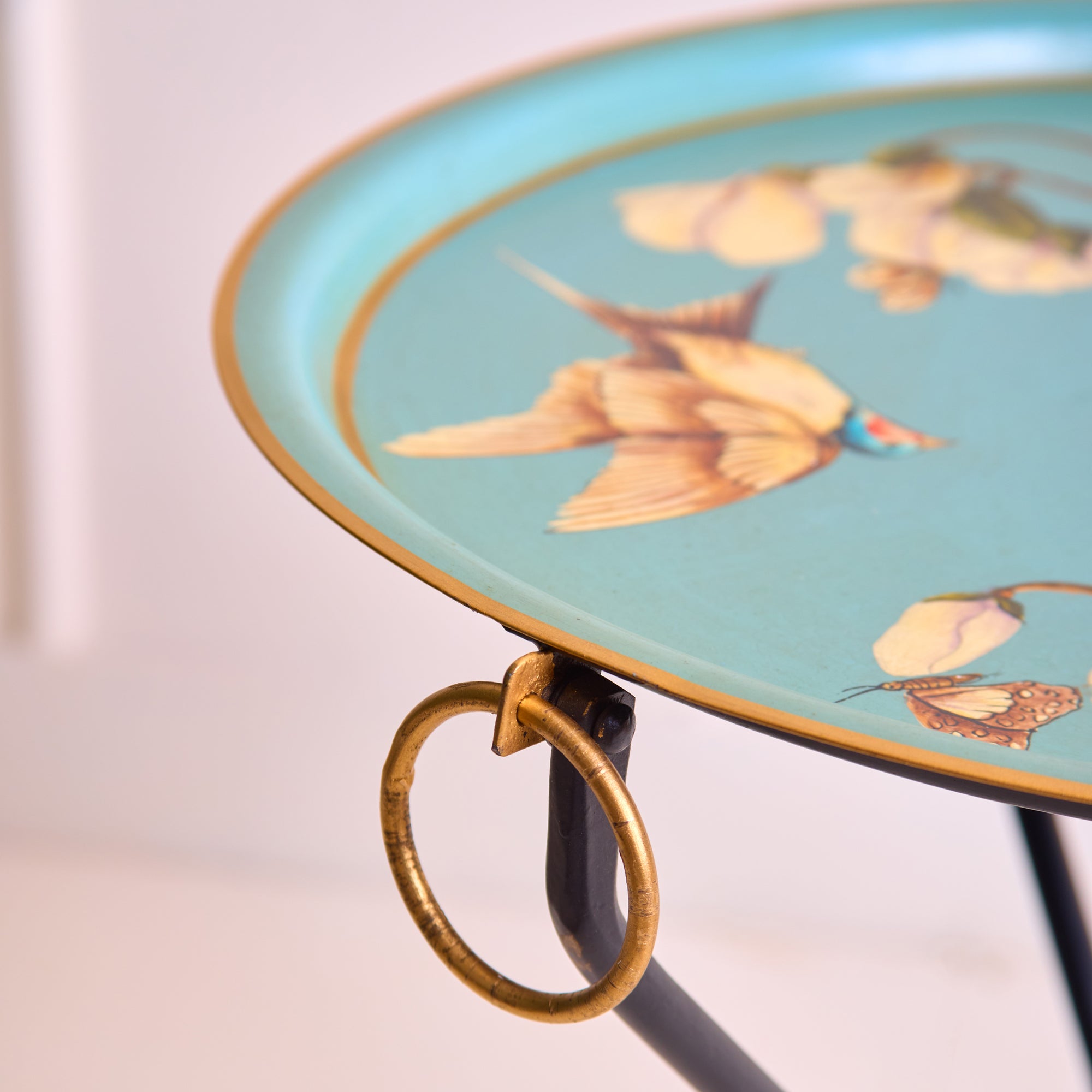 Magnolia Light Blue Hand-Painted Round Metal Tray with an Attached Stand