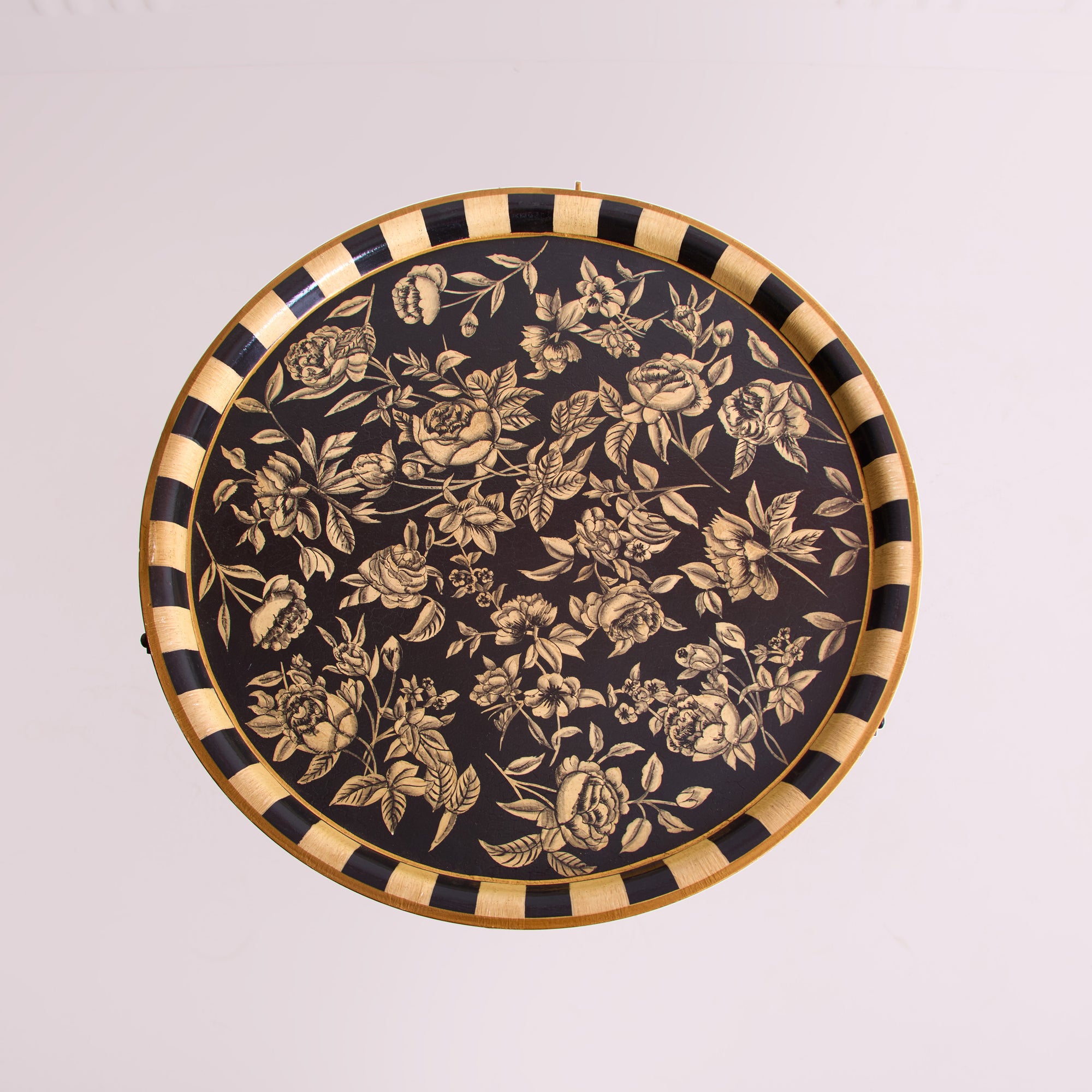 Peony Black Hand-Painted Round Metal Tray with Attached Stand