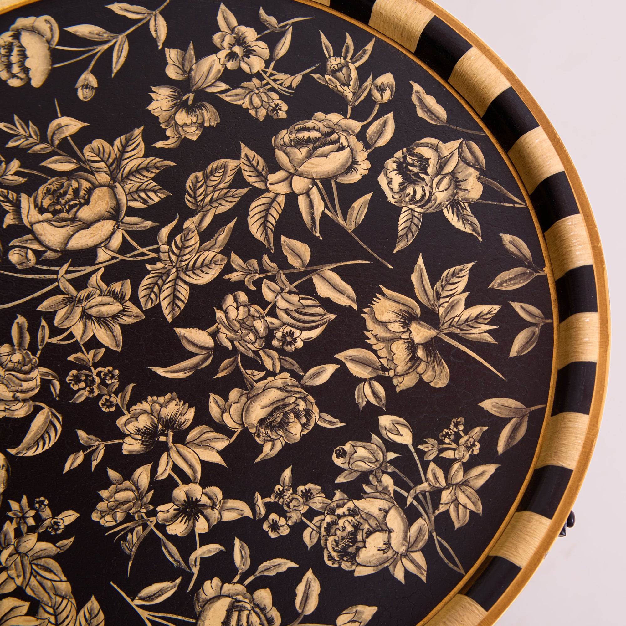 Peony Black Hand-Painted Round Metal Tray with Attached Stand