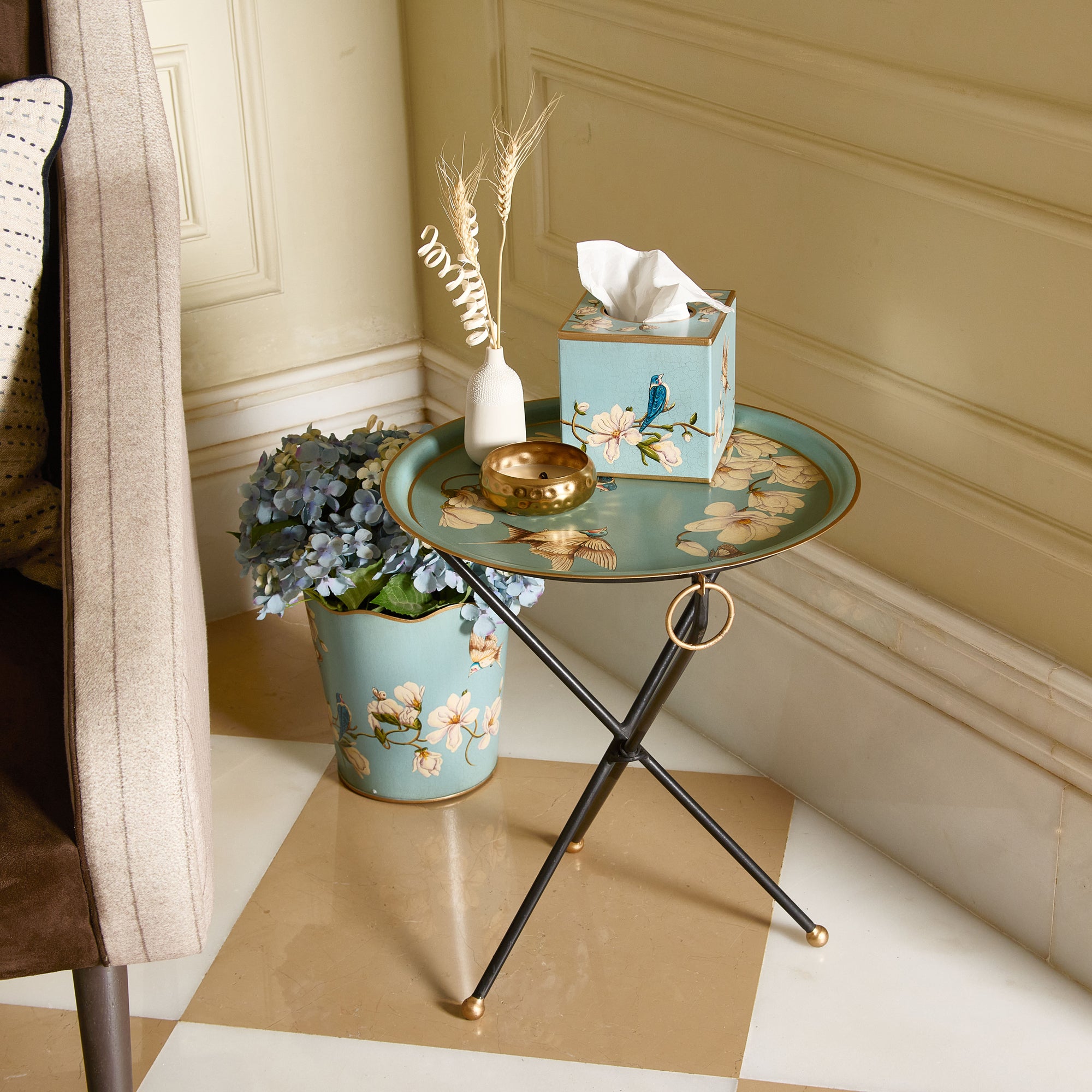 Magnolia Light Blue Hand-Painted Round Metal Tray with an Attached Stand