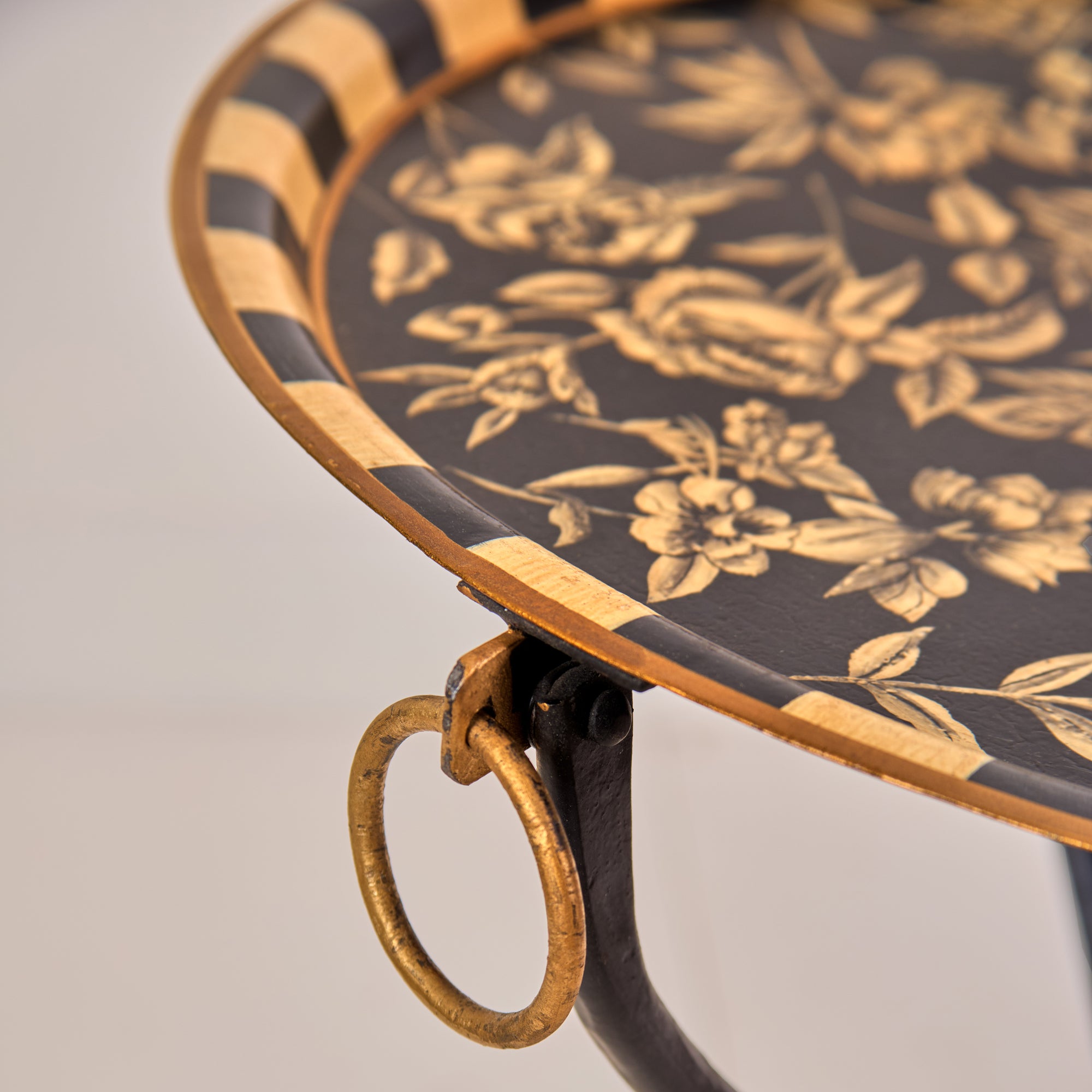 Peony Black Hand-Painted Round Metal Tray with Attached Stand