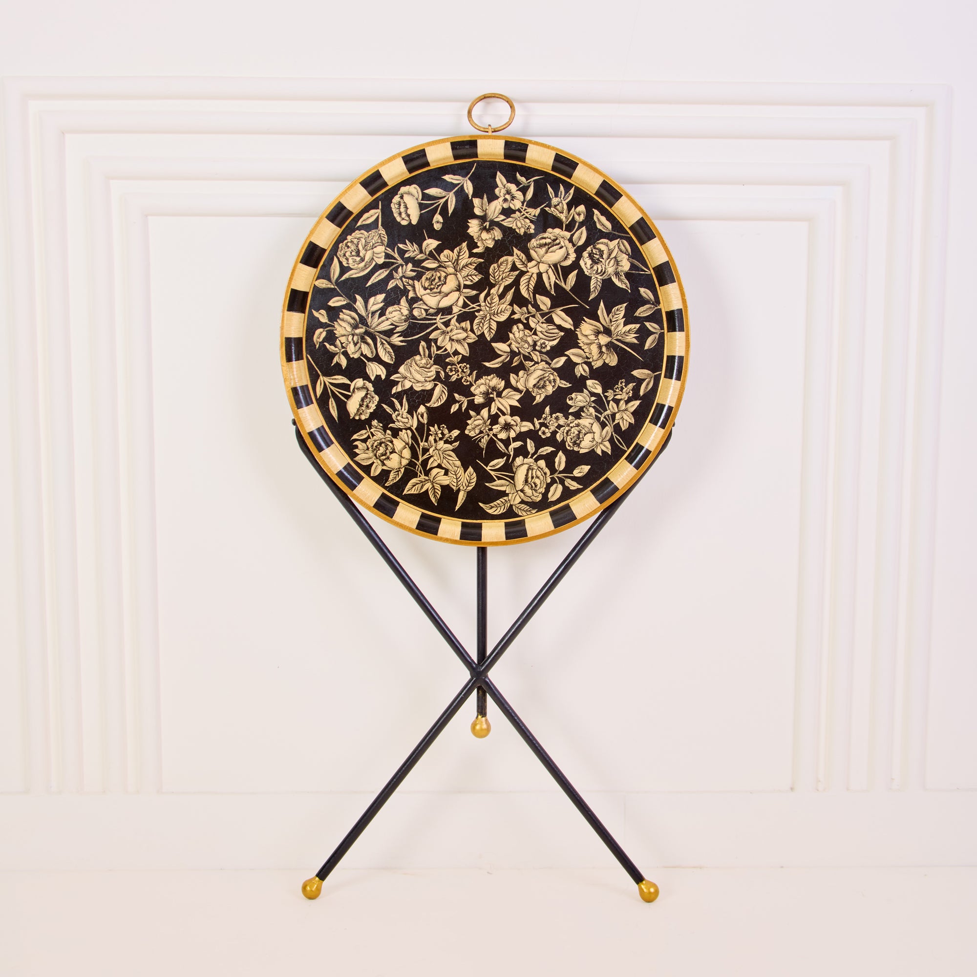 Peony Black Hand-Painted Round Metal Tray with Attached Stand