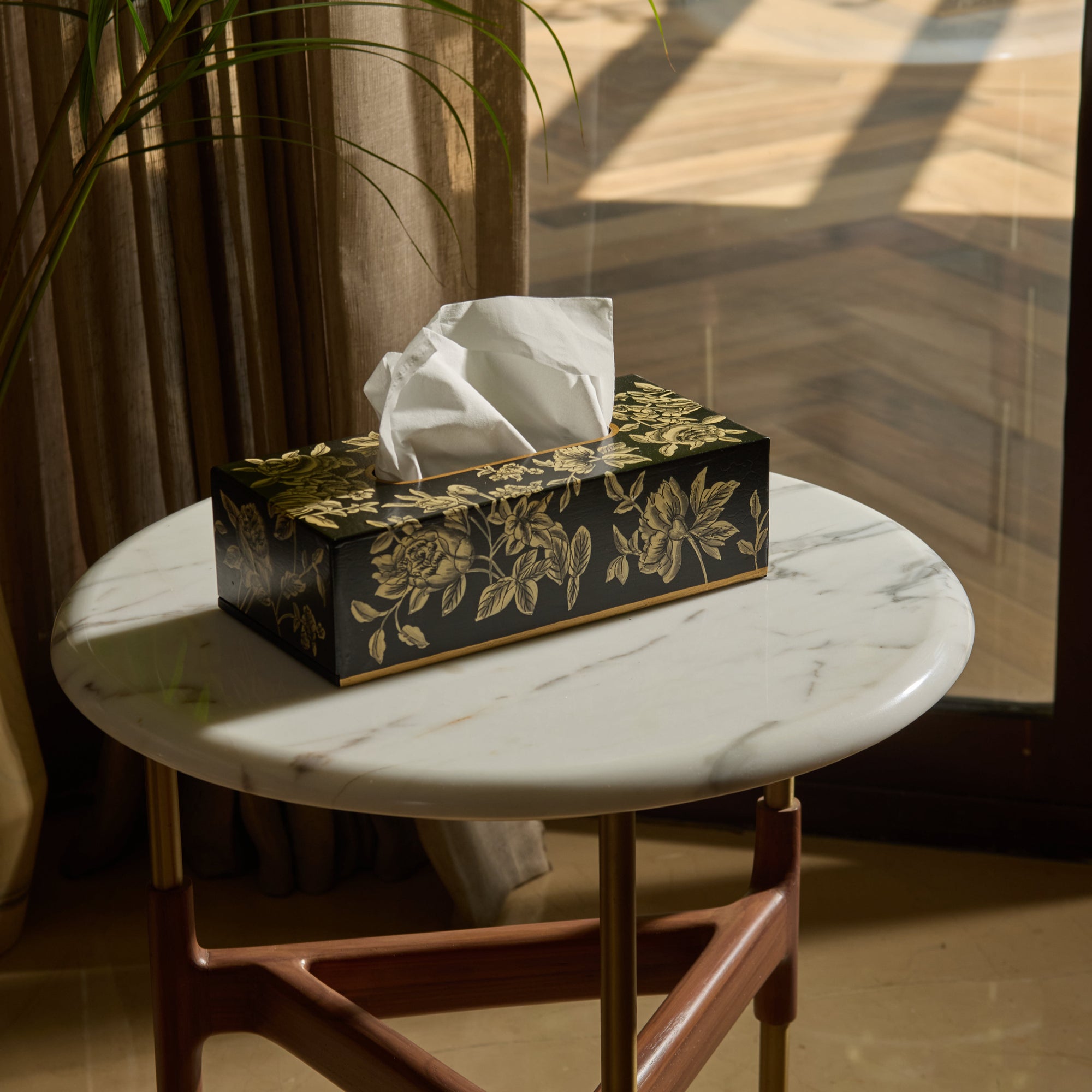 Peony Black Hand-Painted Rectangular Metal Tissue Box Cover