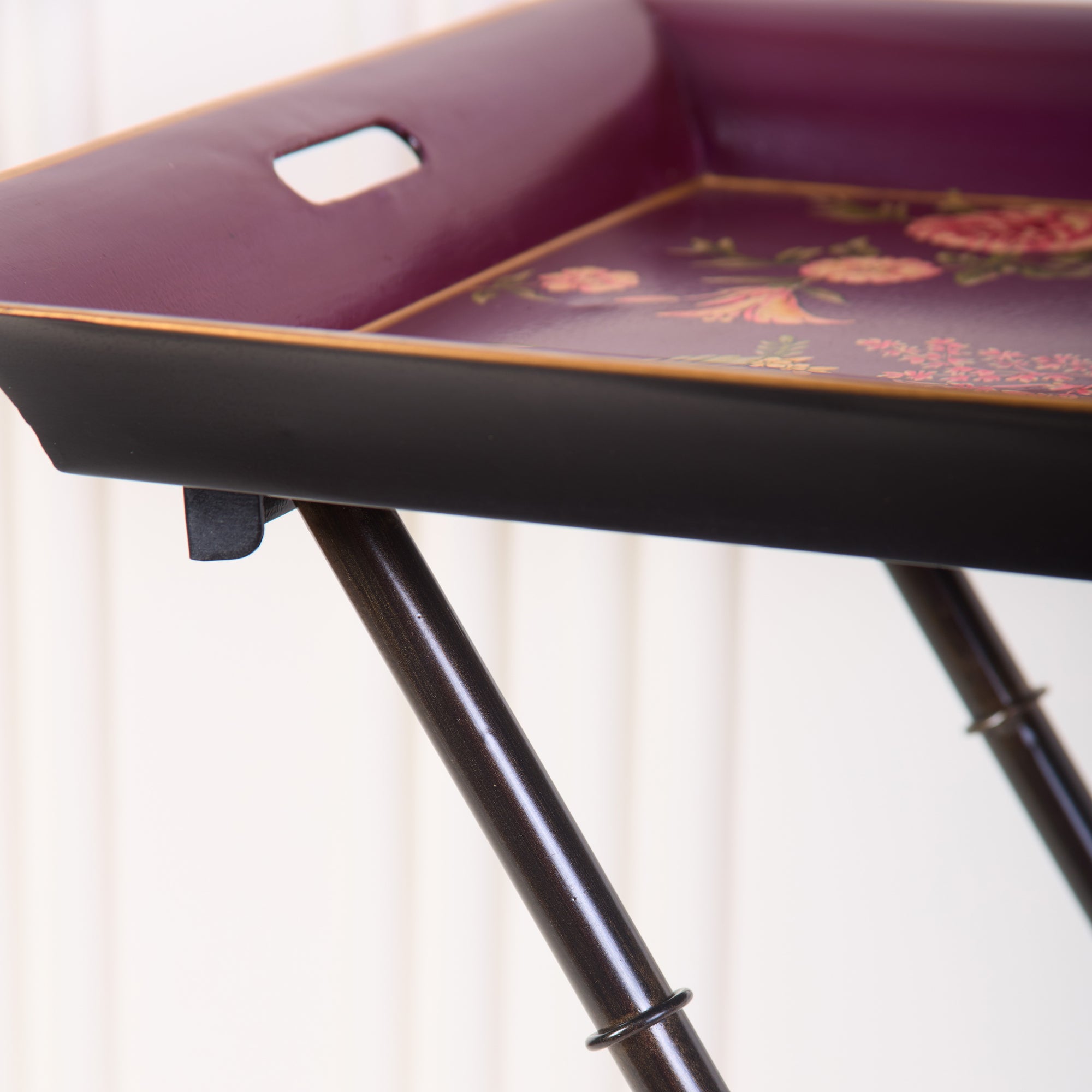 Rosa Maroon Hand-Painted Rectangular Metal Tray with an Attached Stand