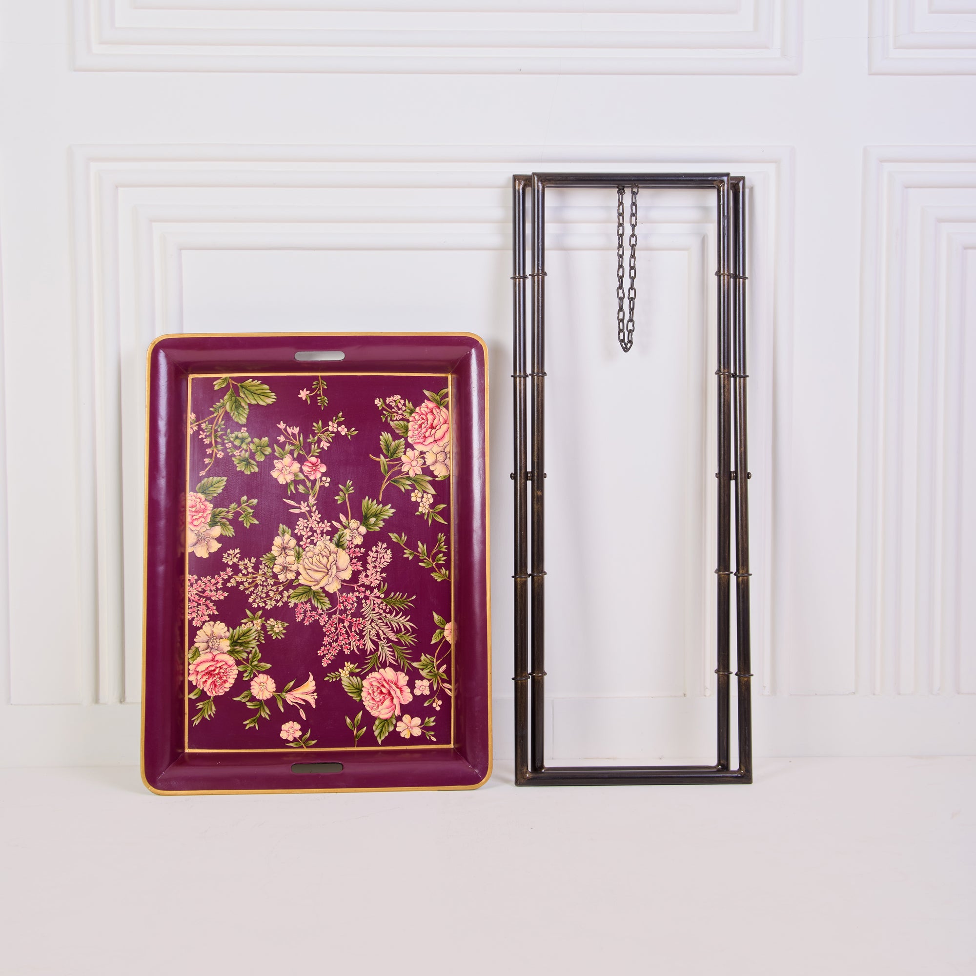 Rosa Maroon Hand-Painted Rectangular Metal Tray with an Attached Stand