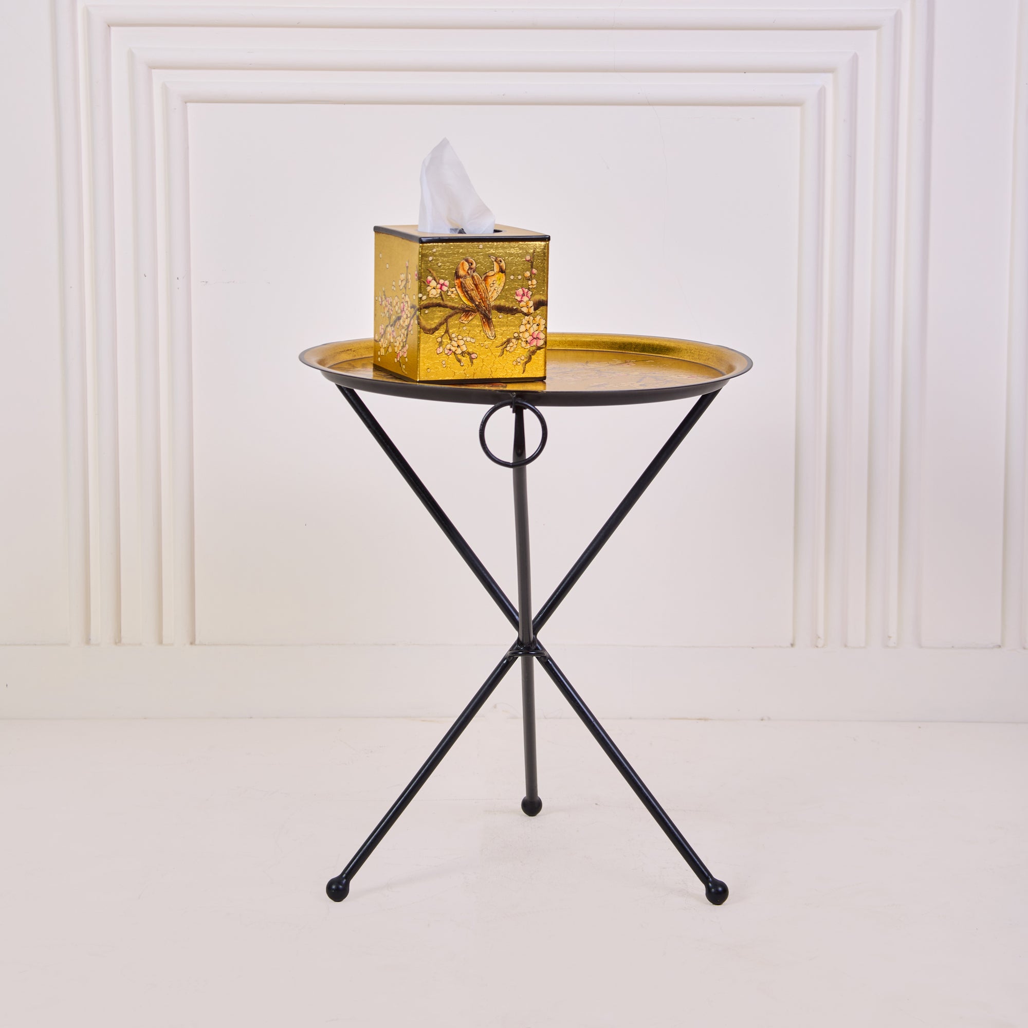 Sakura Black &amp; Gold Hand-Painted Round Metal Tray with an Attached Stand