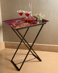 Rosa Maroon Hand-Painted Rectangular Metal Tray with an Attached Stand