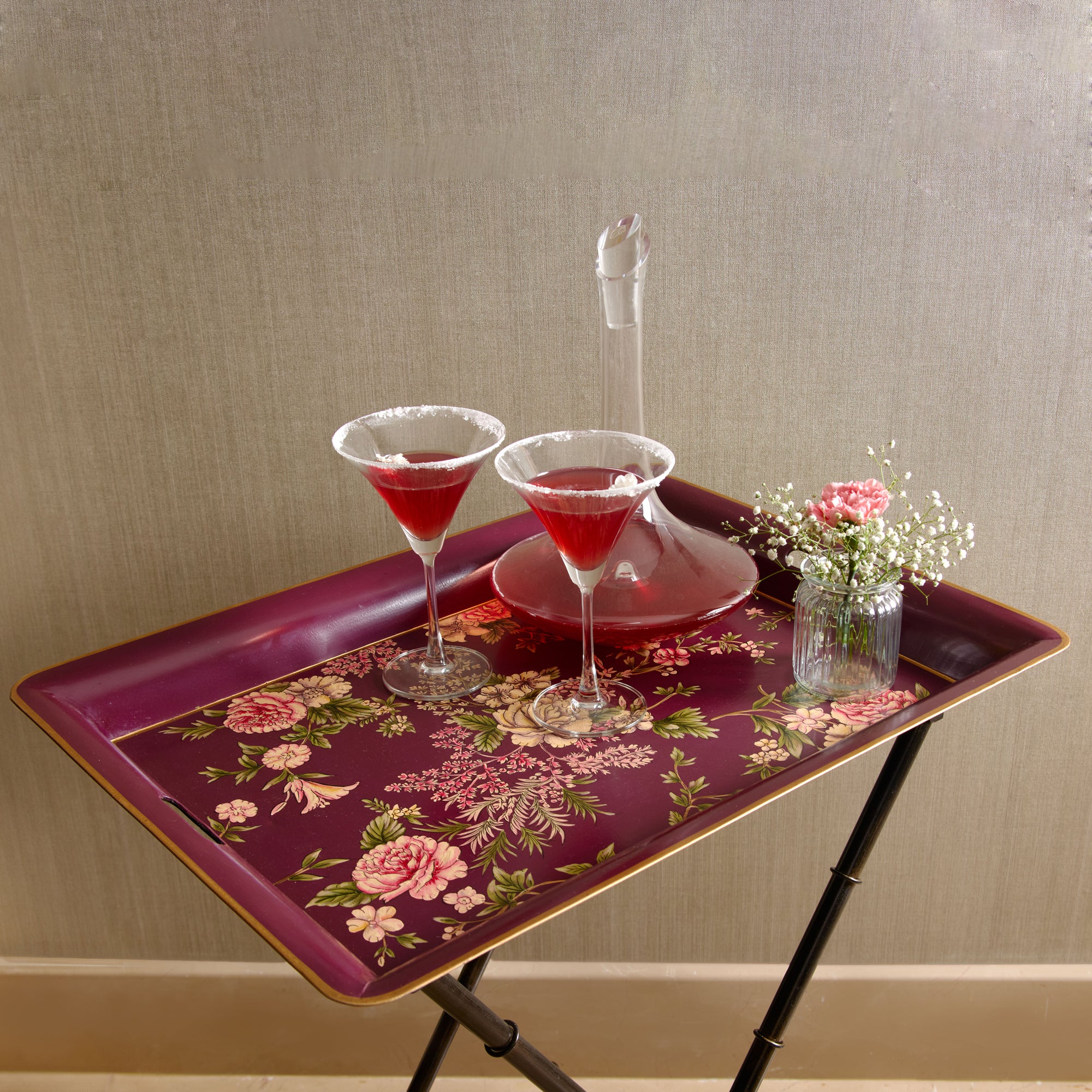 Rosa Maroon Hand-Painted Rectangular Metal Tray with an Attached Stand