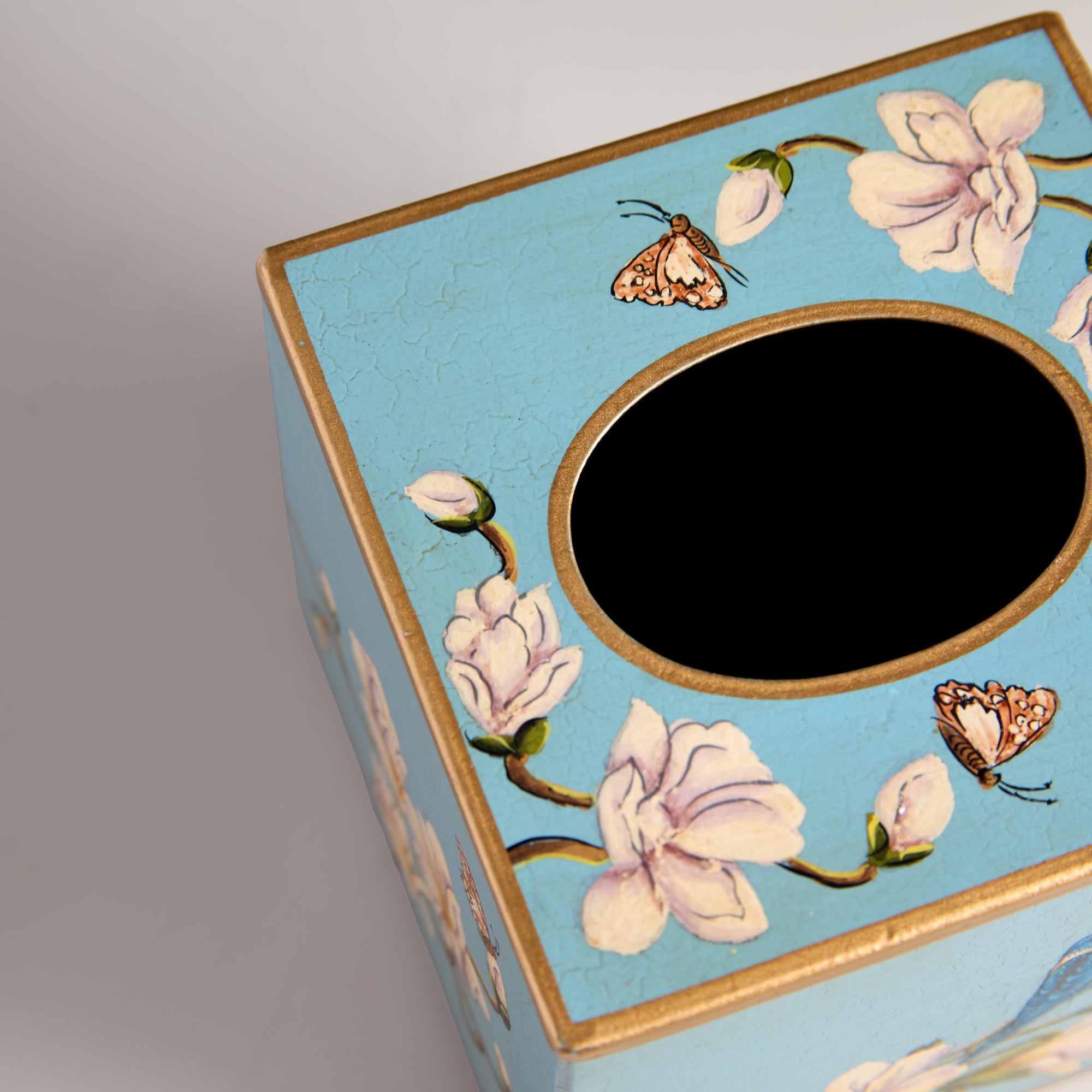 Magnolia Blue Hand-Painted Square Metal Tissue Box Cover