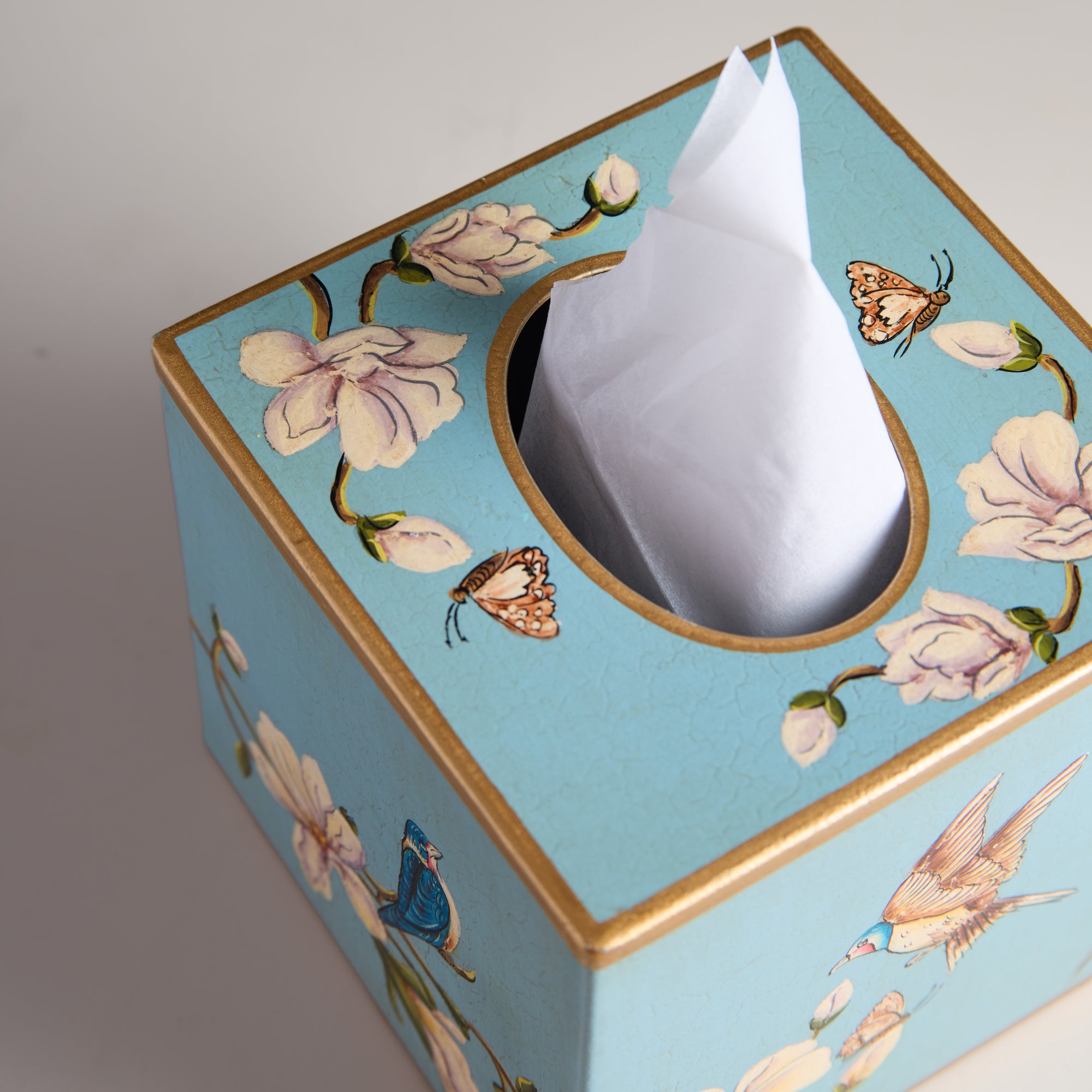 Magnolia Blue Hand-Painted Square Metal Tissue Box Cover