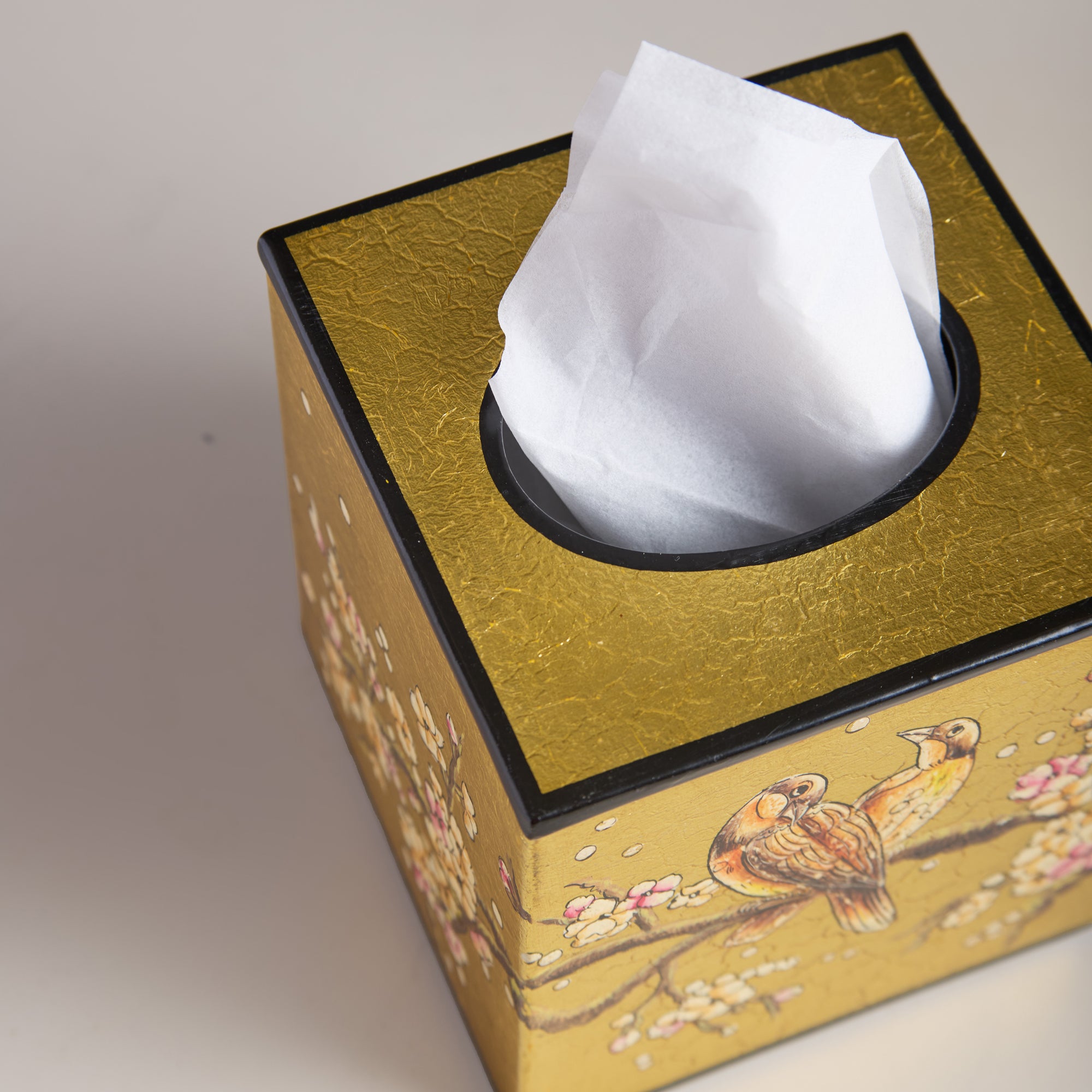 Sakura Gold Hand-Painted Square Metal Tissue Box Cover
