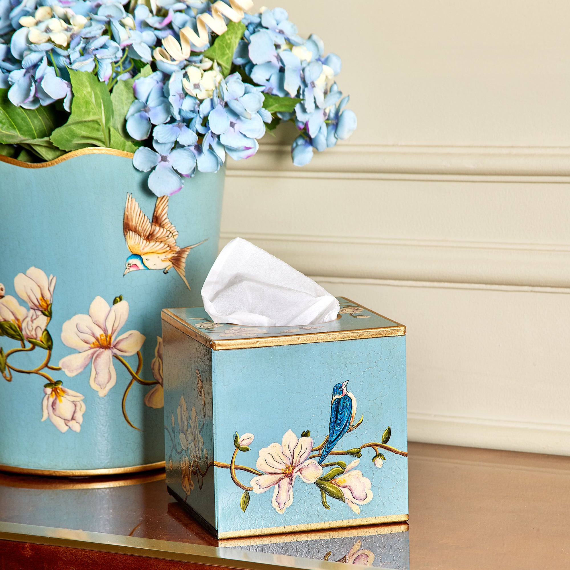 Magnolia Blue Hand-Painted Square Metal Tissue Box Cover