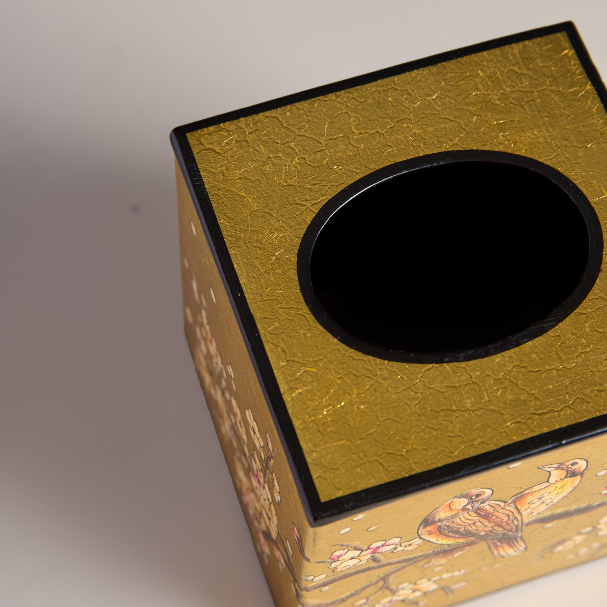 Sakura Gold Hand-Painted Square Metal Tissue Box Cover
