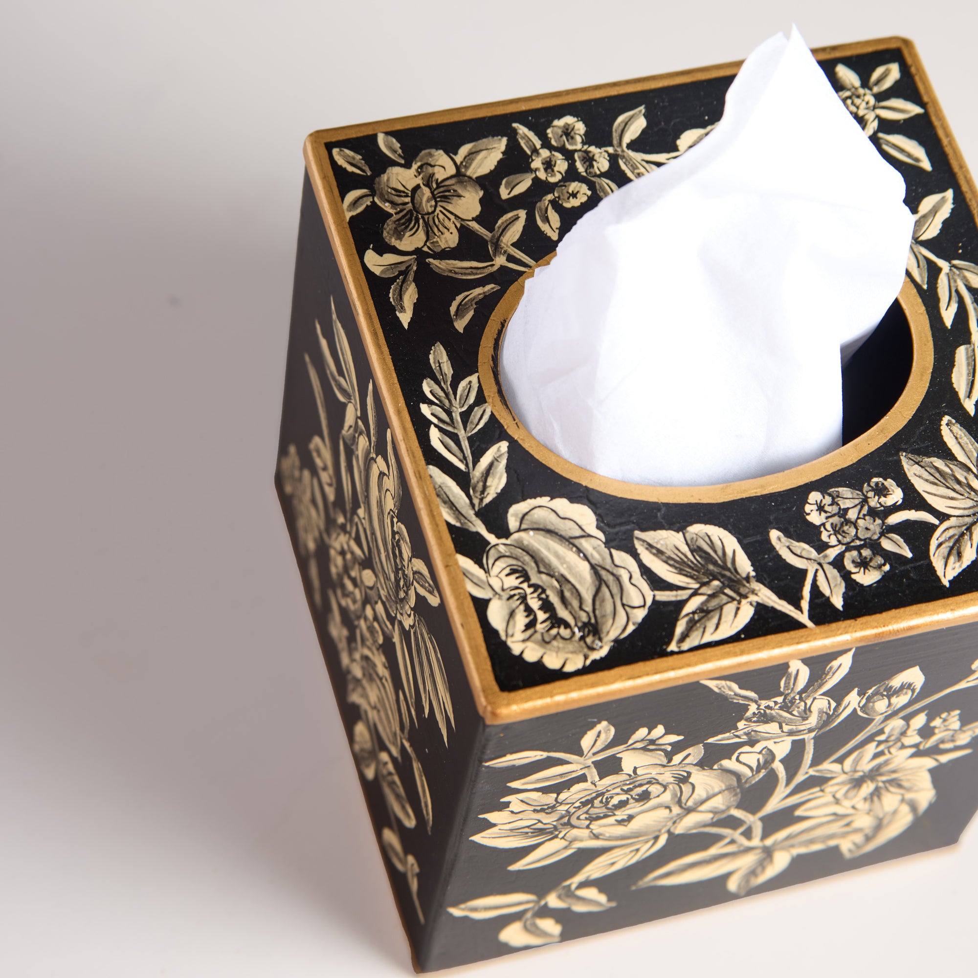 Peony Black Hand-Painted Square Metal Tissue Box Cover