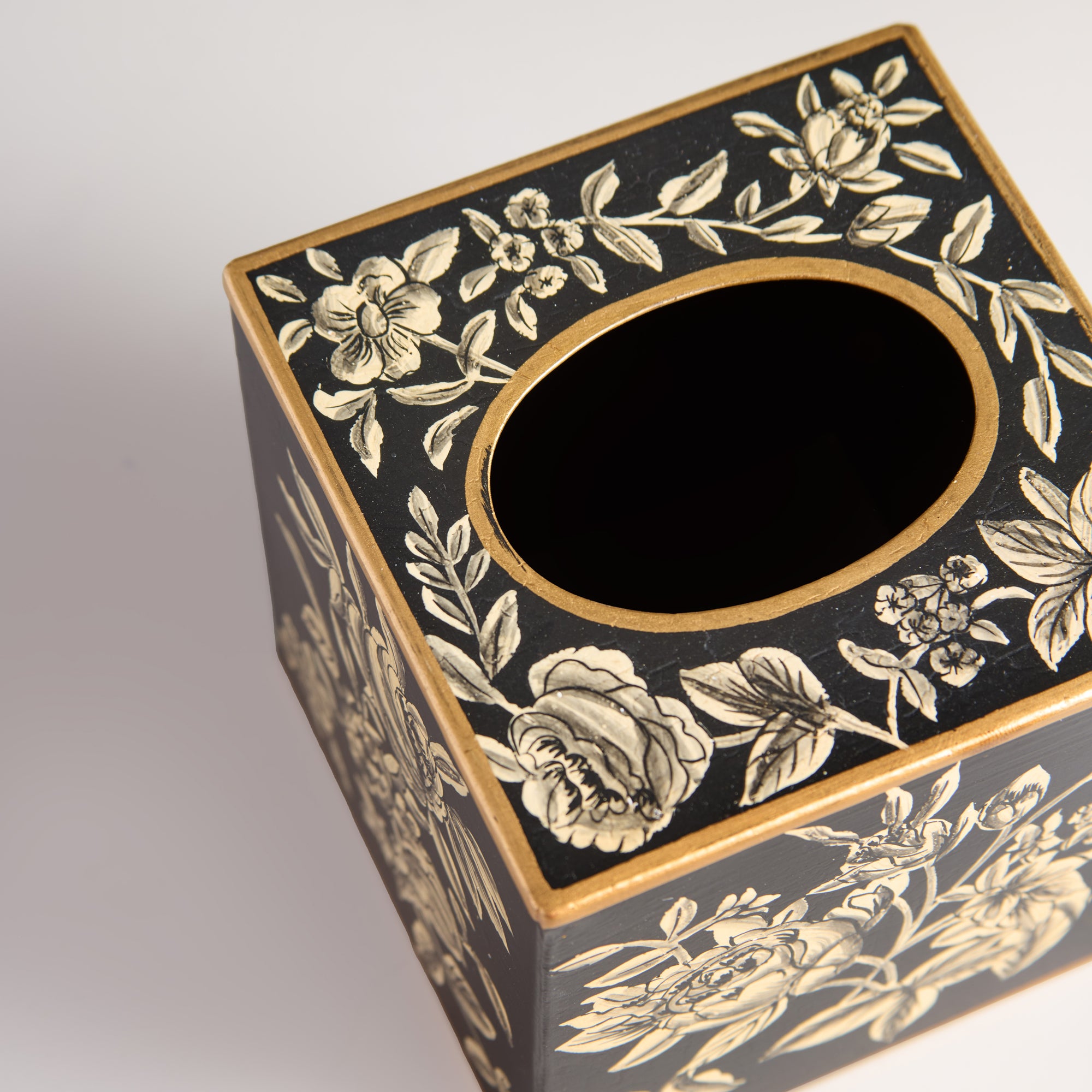 Peony Black Hand-Painted Square Metal Tissue Box Cover