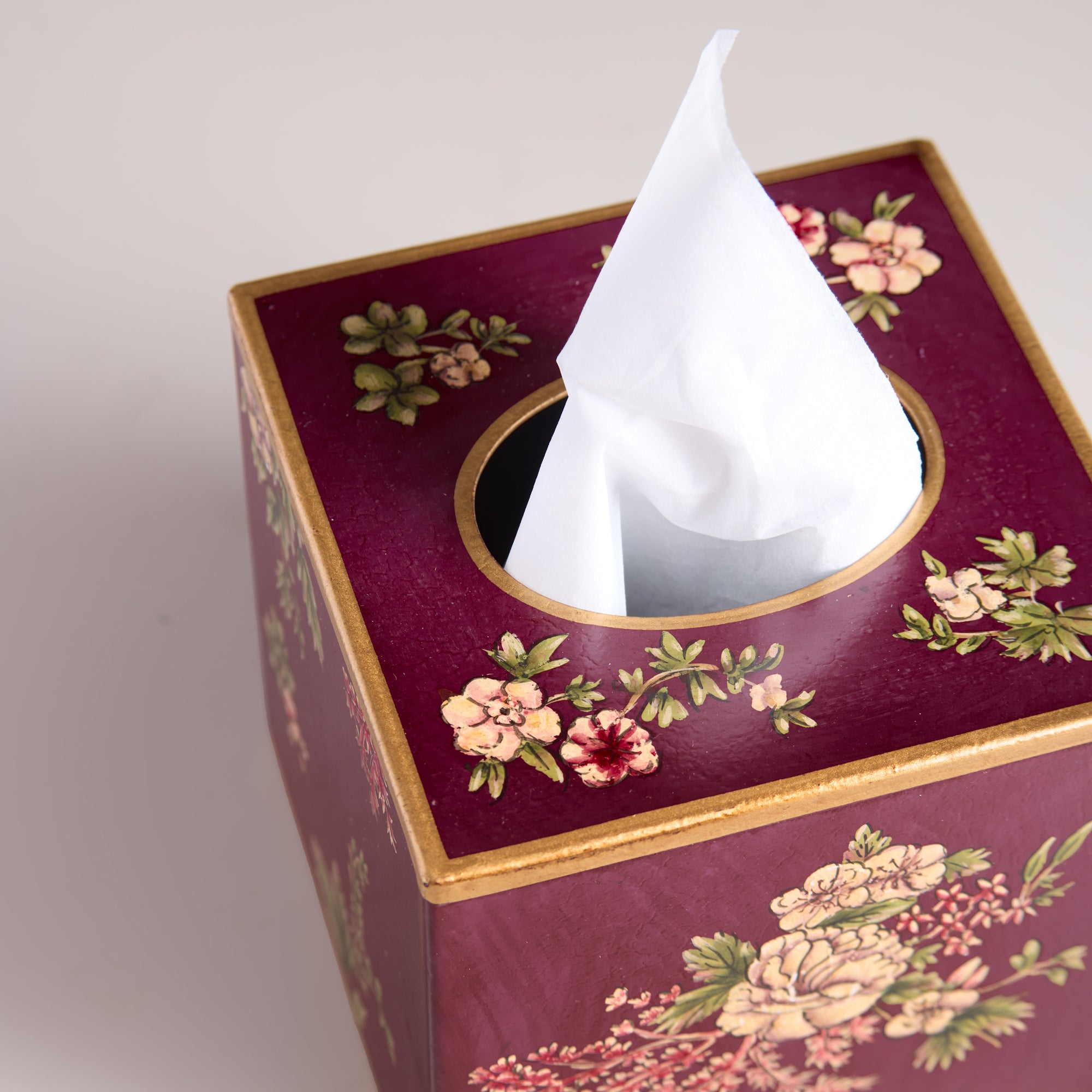 Rosa Maroon Hand-Painted Square Metal Tissue Box Cover