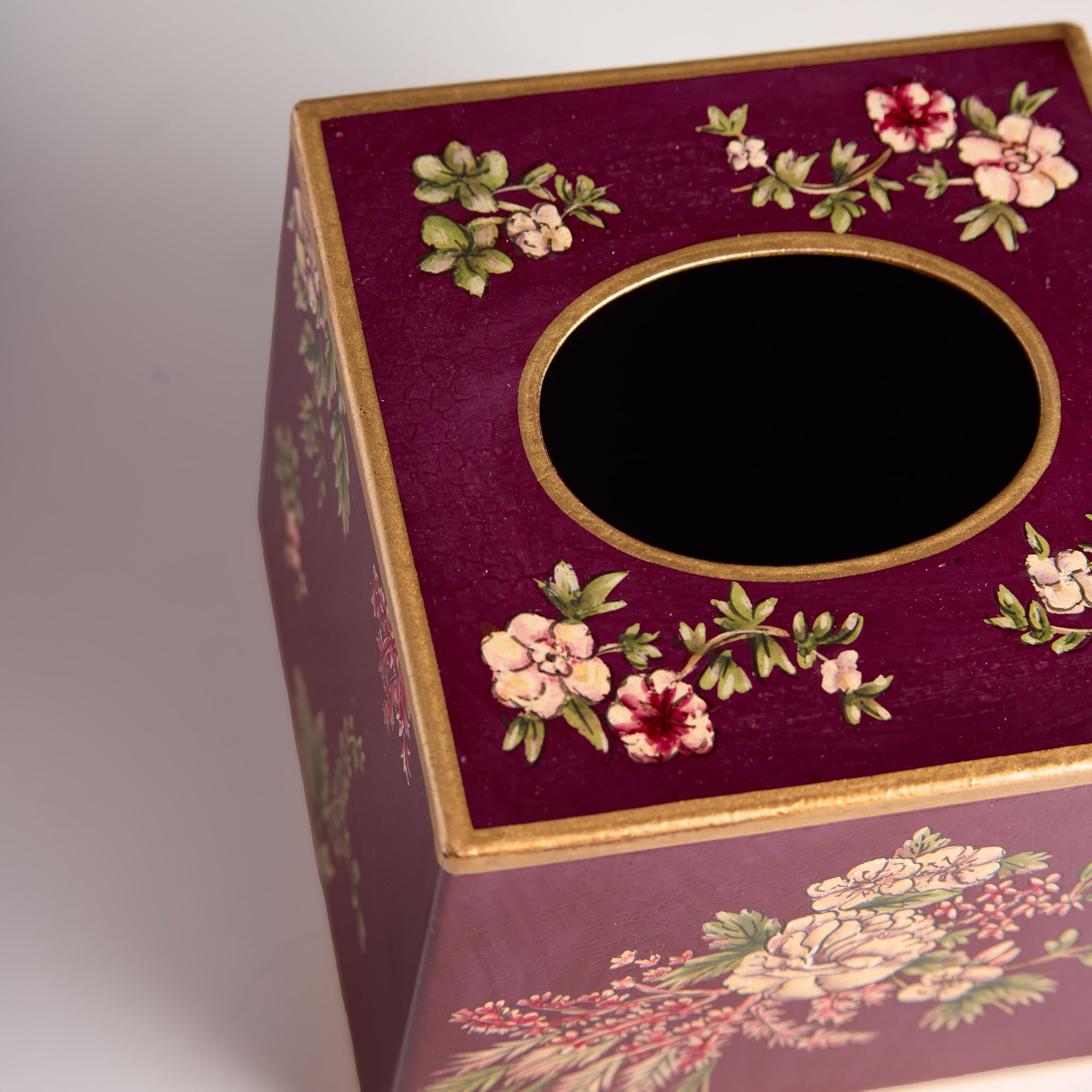 Rosa Maroon Hand-Painted Square Metal Tissue Box Cover
