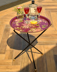 Rosa Maroon Hand-Painted Round Metal Tray with an Attached Stand