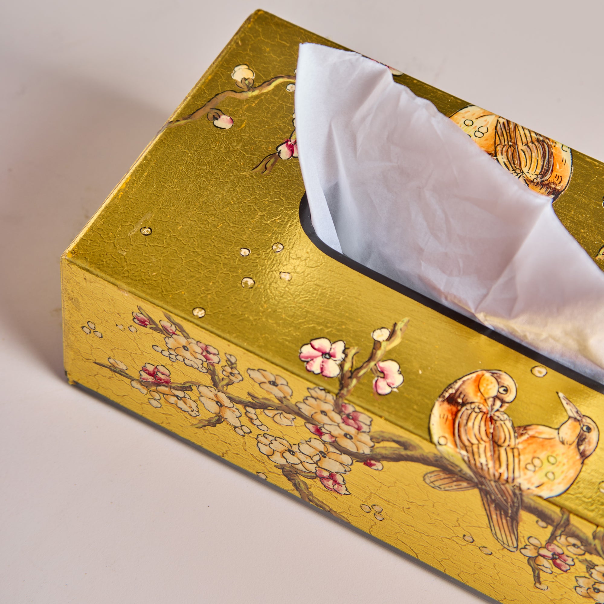 Sakura Gold Hand-Painted Rectangular Metal Tissue Box Cover