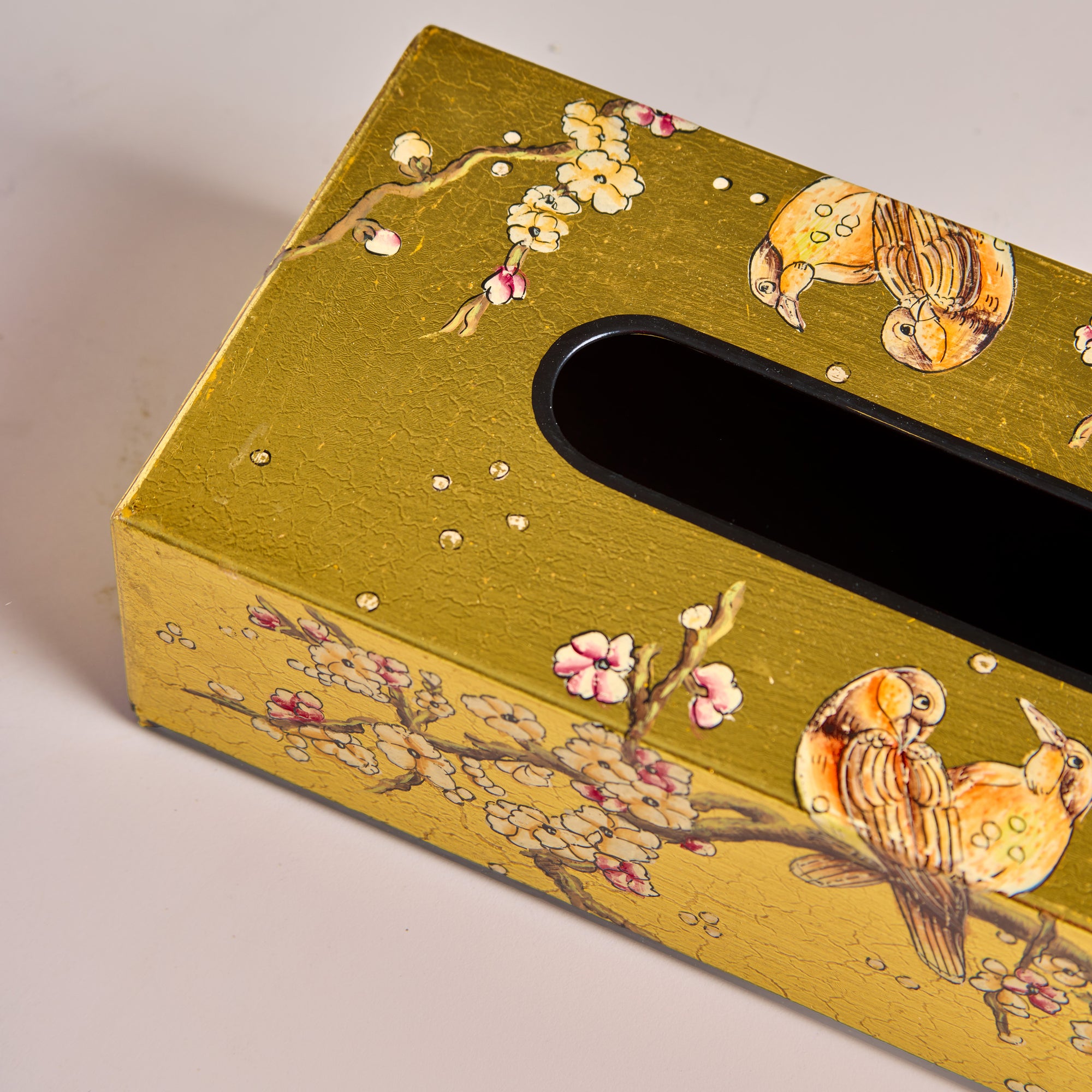 Sakura Gold Hand-Painted Rectangular Metal Tissue Box Cover
