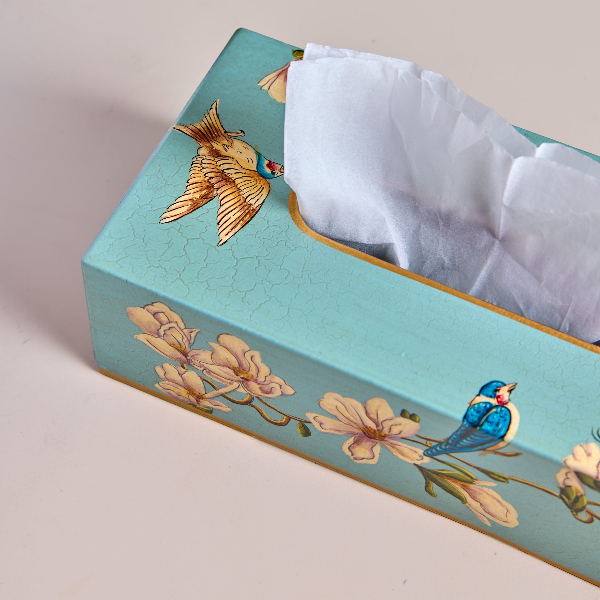 Magnolia Blue Hand-Painted Rectangular Metal Tissue Box Cover