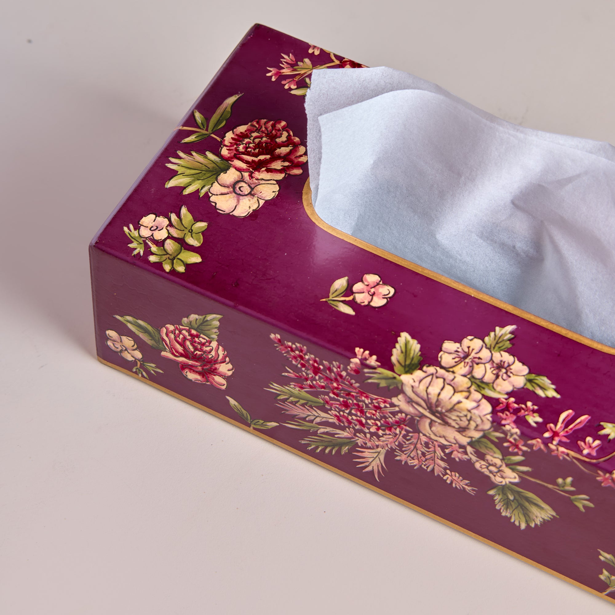 Rosa Maroon Hand-Painted Rectangular Metal Tissue Box Cover