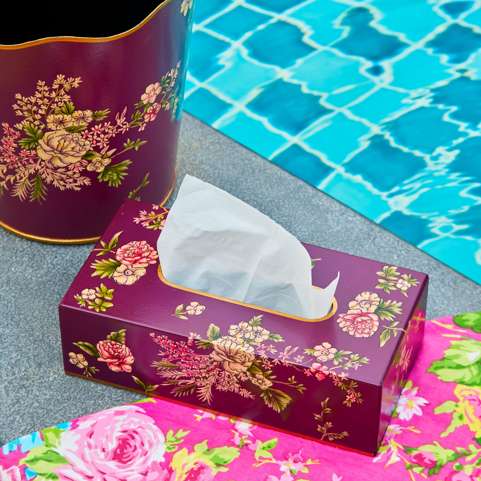 Rosa Maroon Hand-Painted Rectangular Metal Tissue Box Cover