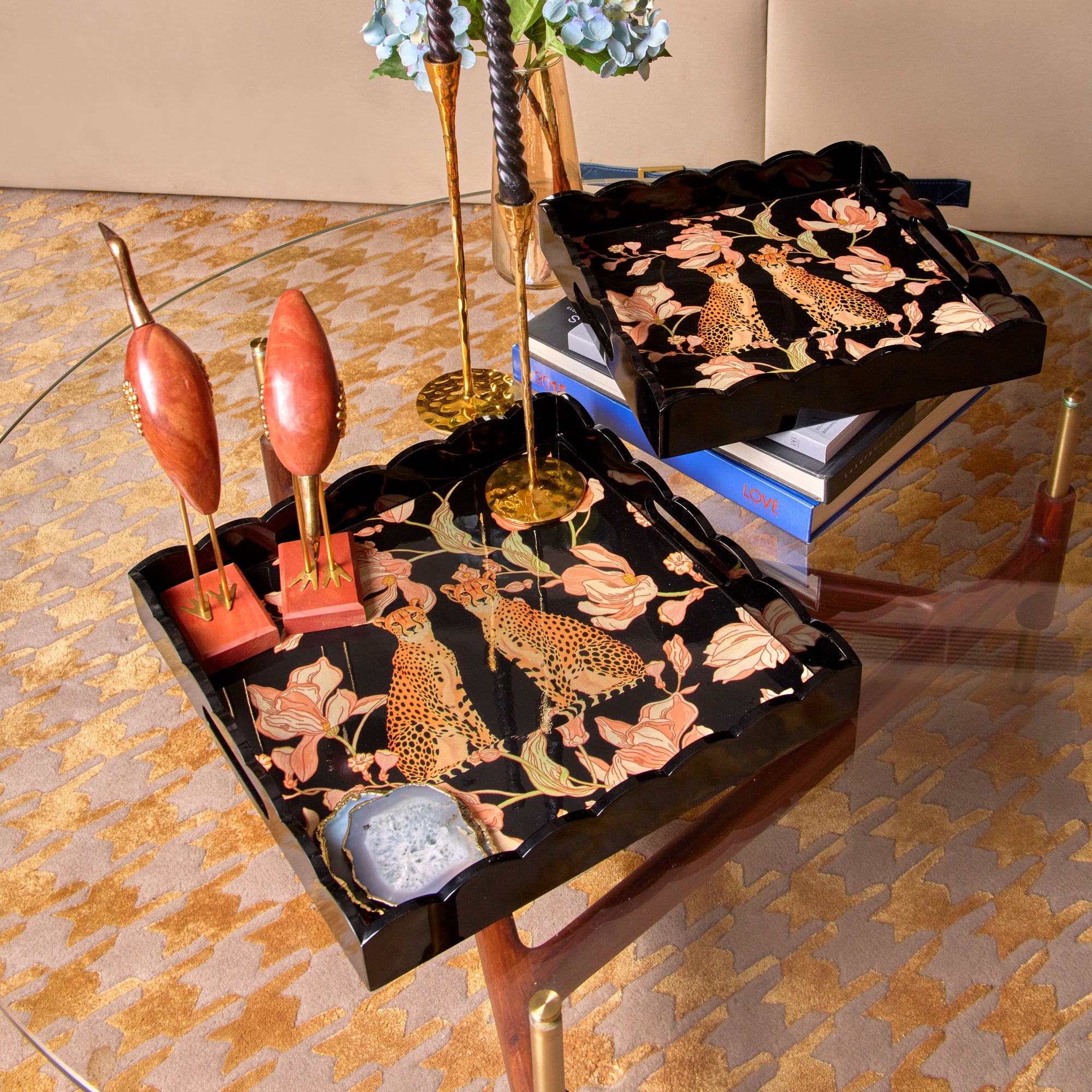 Leopards In Love Black Square Wooden Serving Tray