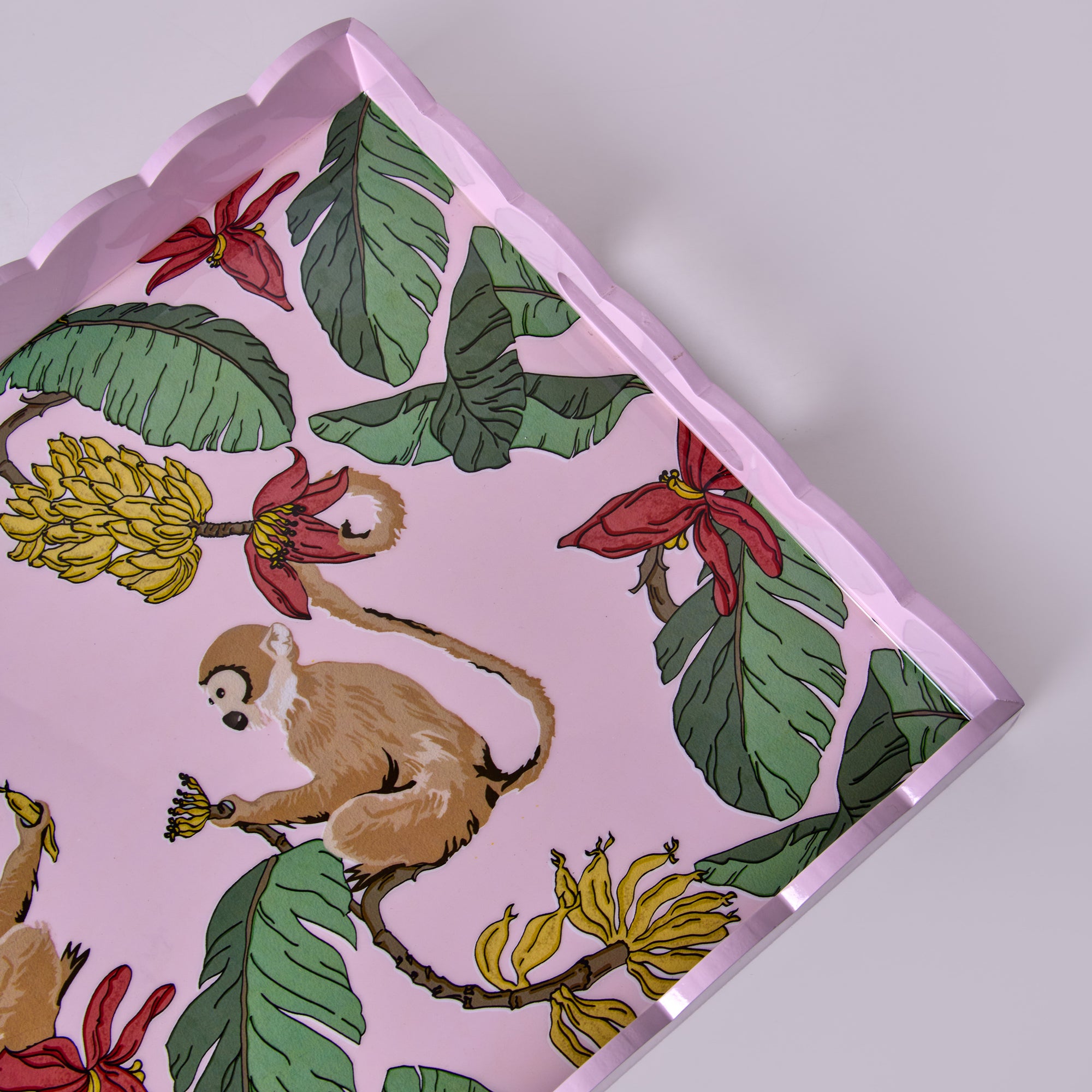 Monkeys In Mischief Pink Hand-Painted Rectangular Wooden Serving Tray