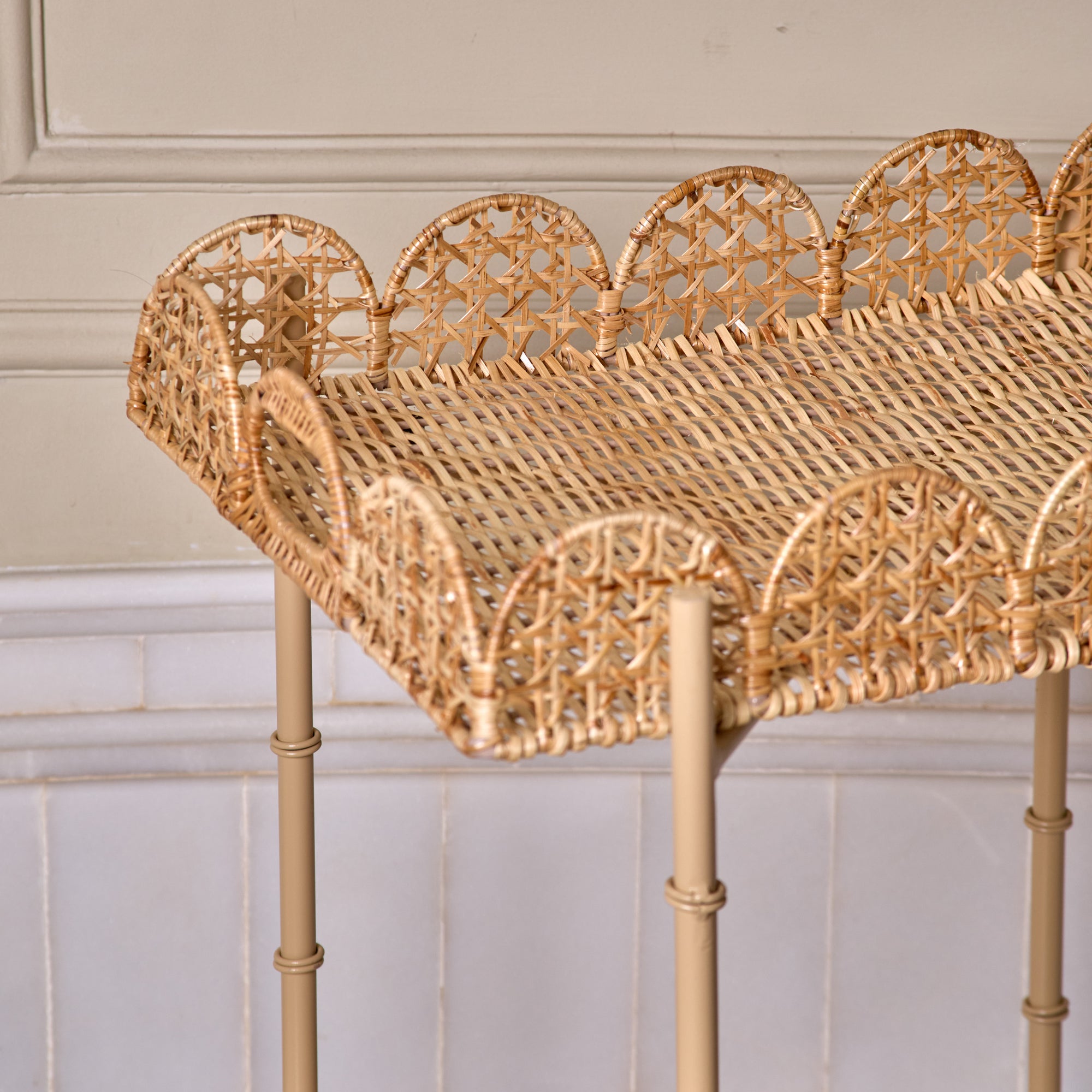 Wicker Wood Light Brown Rectangular Side Table