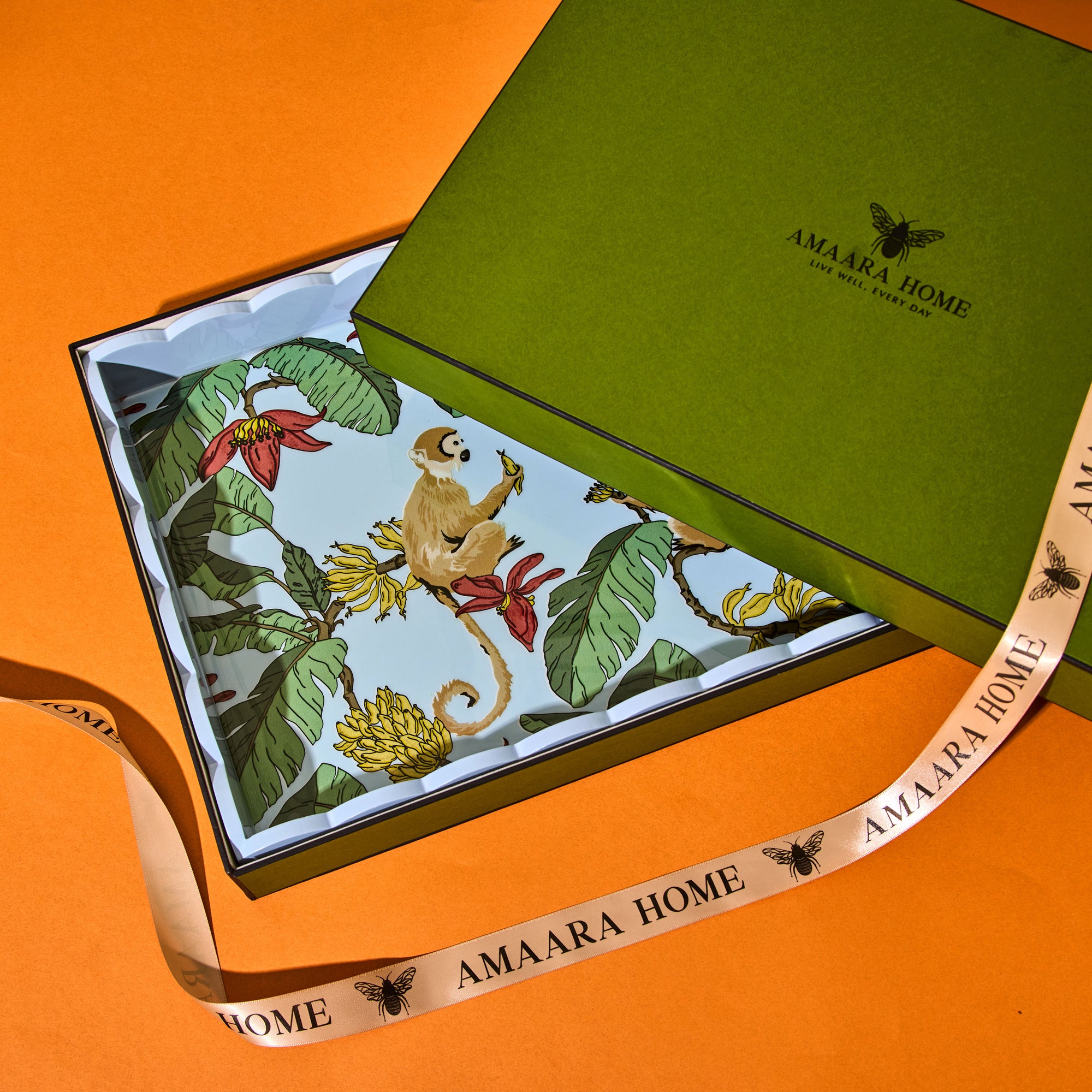 Monkeys In Mischief Blue Hand-Painted Rectangular Wooden Serving Tray