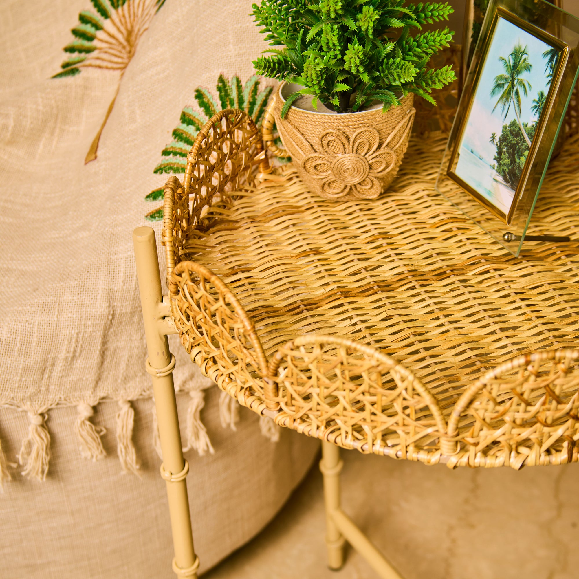 Wicker Wood Light Brown Round Side Table
