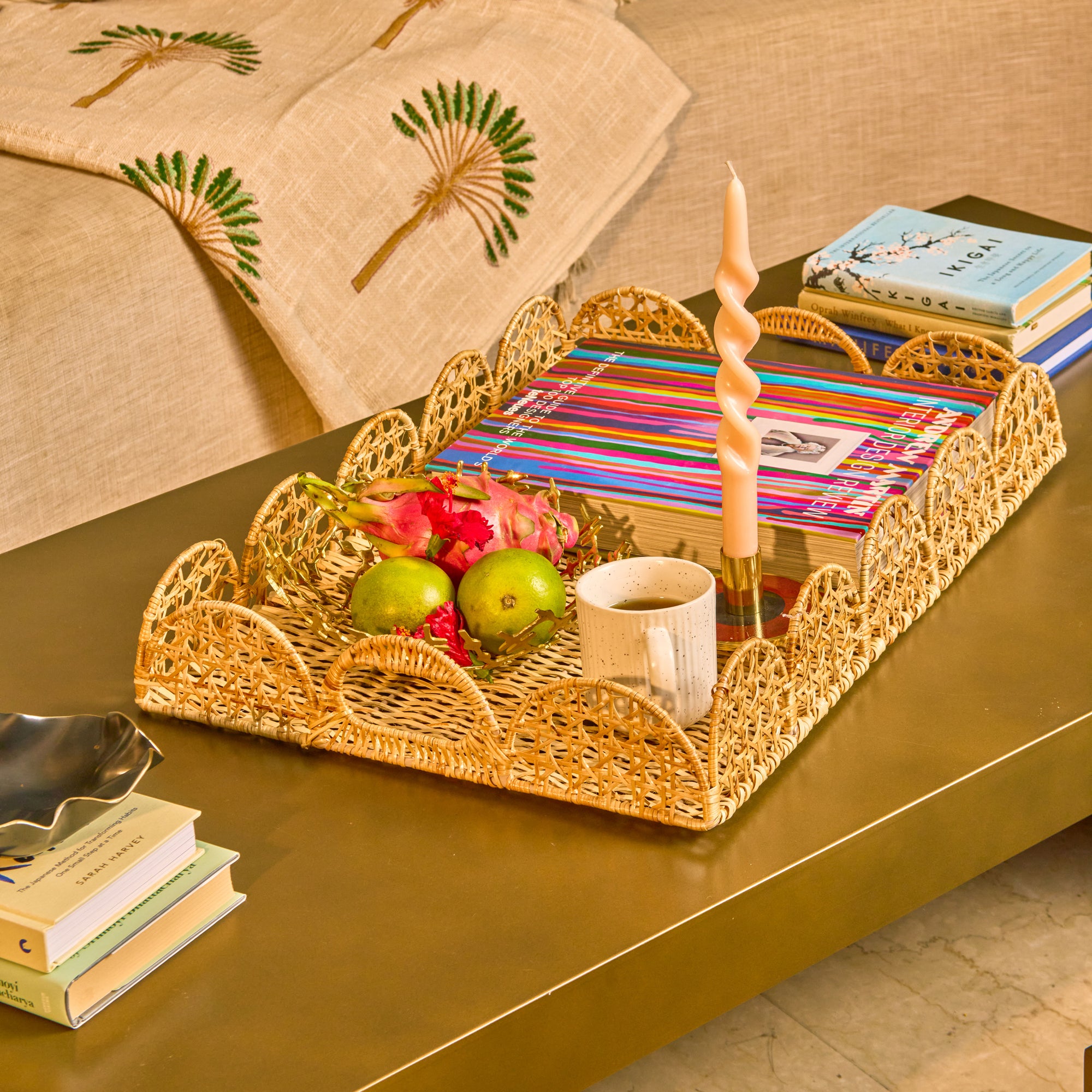 Wicker Wood Light Brown Rectangular Side Table
