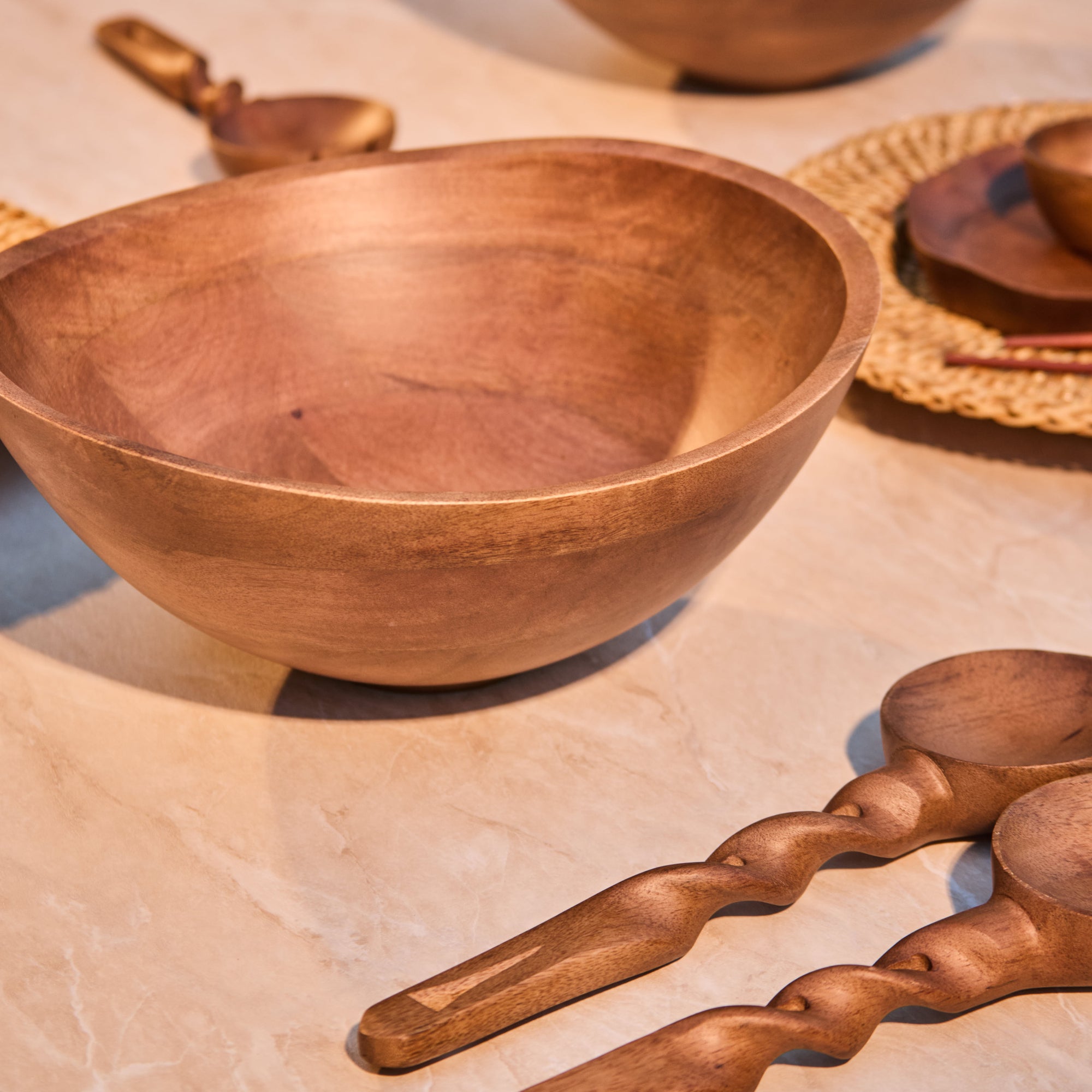 Nami Brown Wooden Salad Bowl with Matching Servers