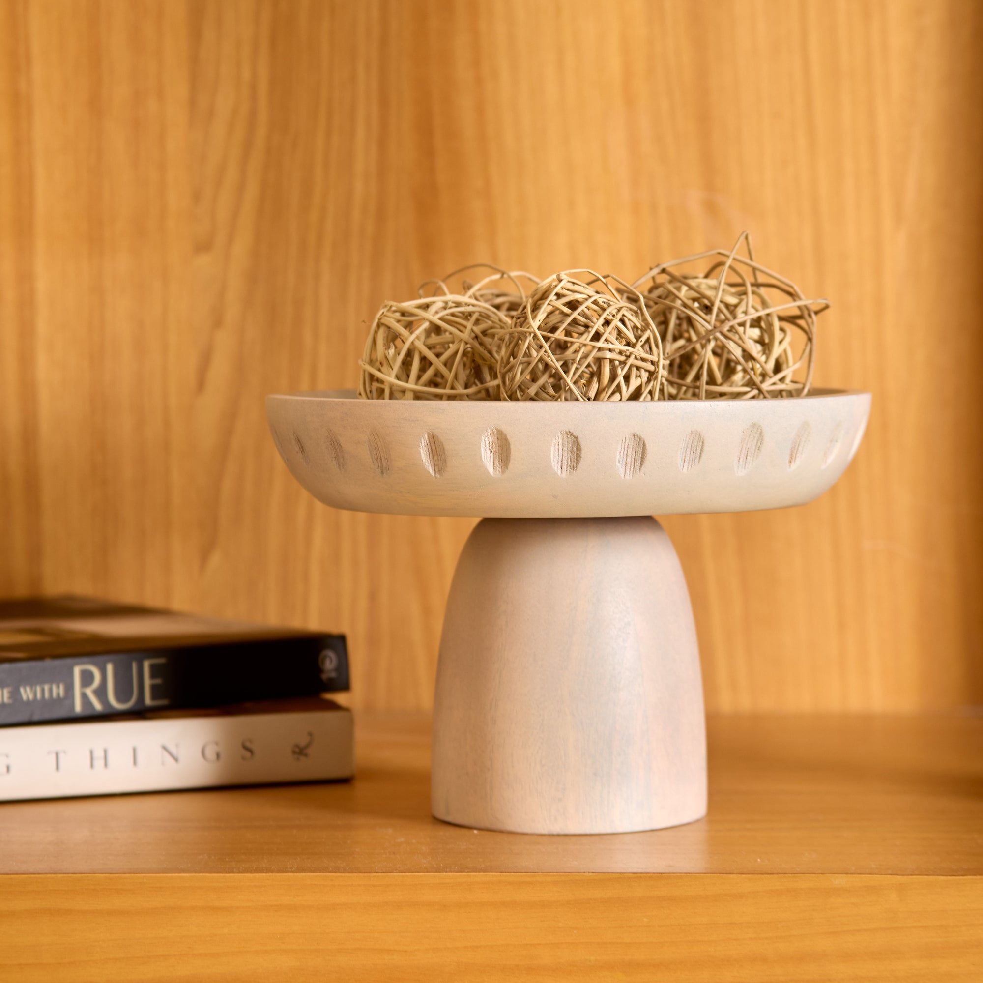 Moku Kake White Wooden Pedestal Bowl