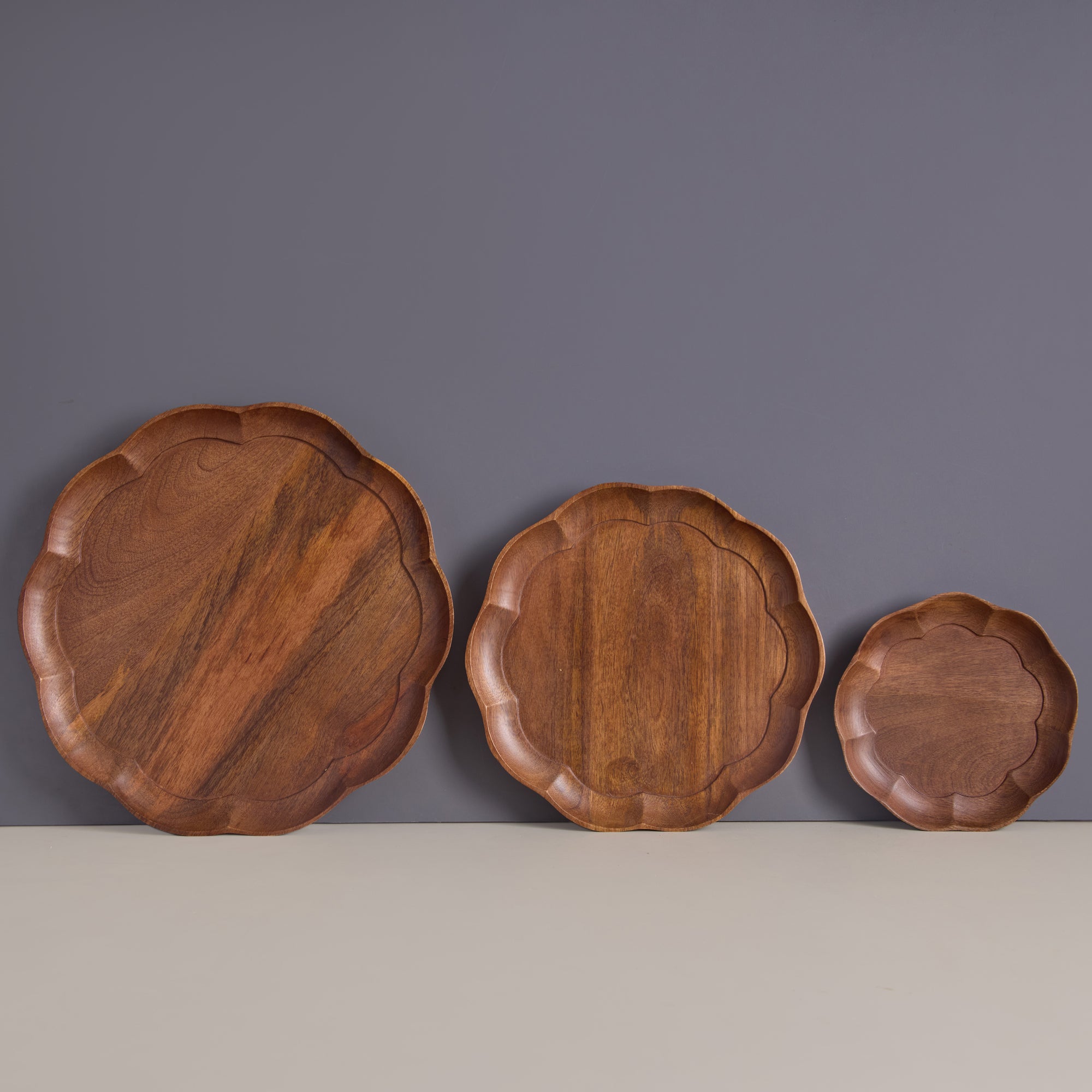 Sakura Brown Wooden Round Serving Trays - Set of 3